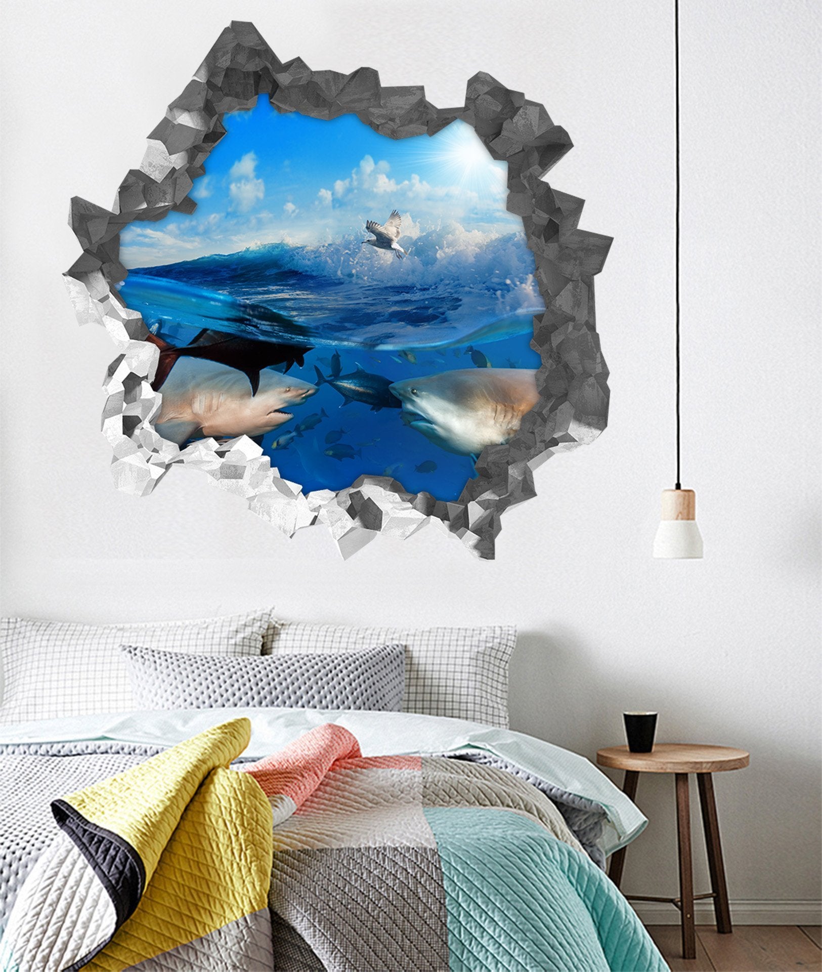 3D Sea Fishes Birds 188 Broken Wall Murals Wallpaper AJ Wallpaper