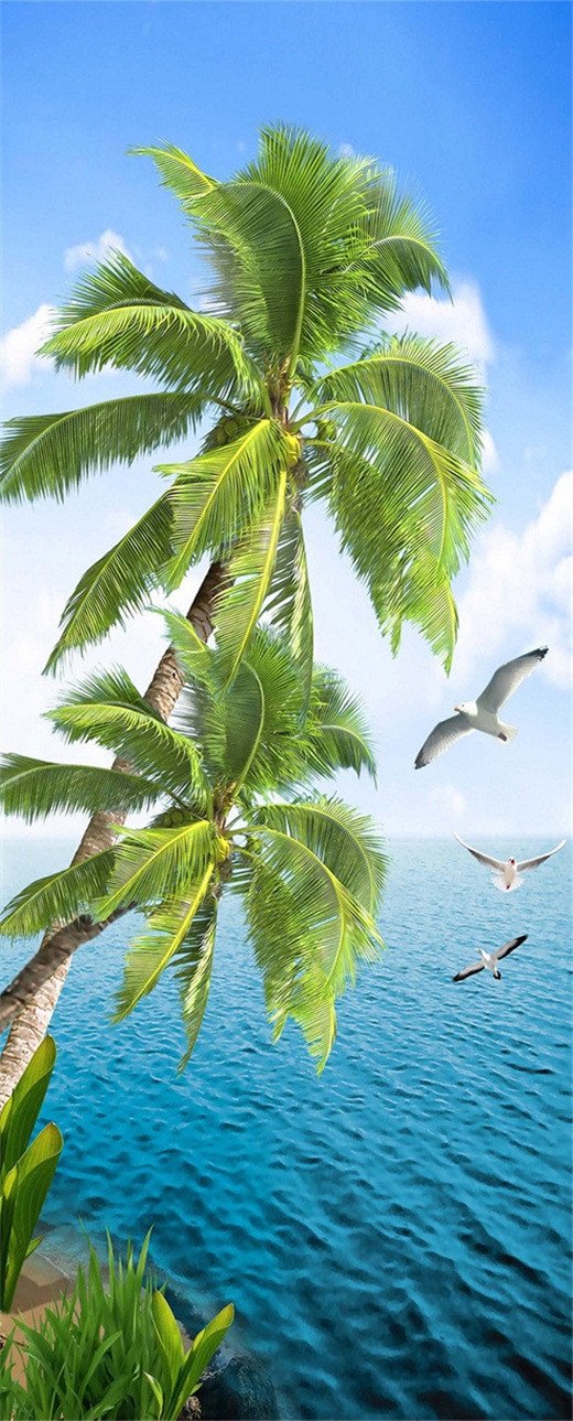 3D palm trees by the sea door mural Wallpaper AJ Wallpaper