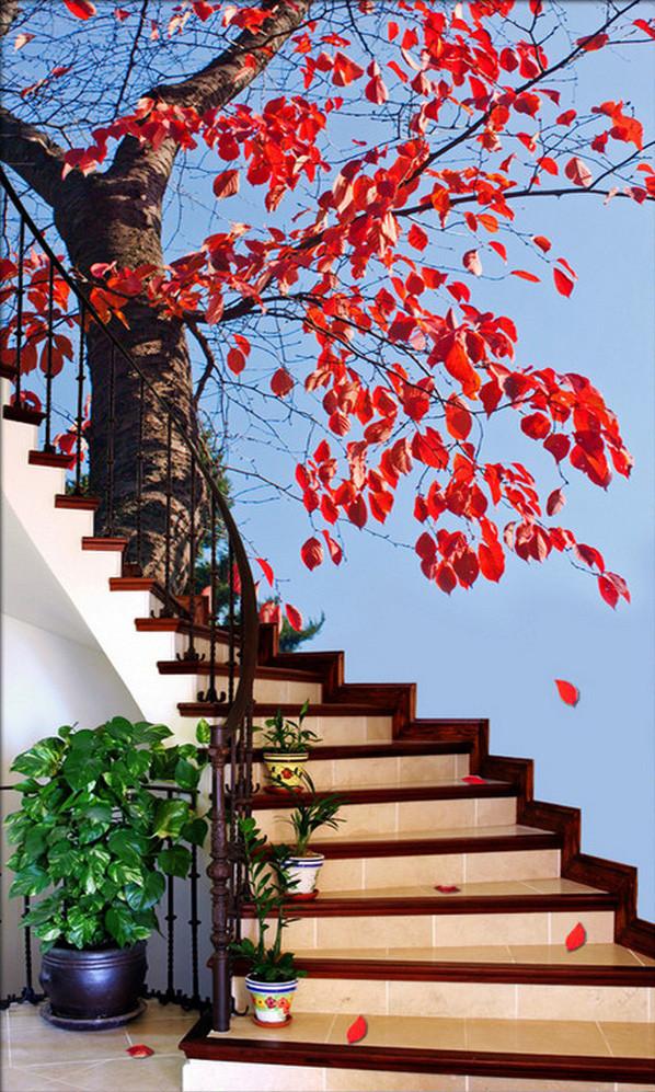 3D maple leaves stairs painting door mural Wallpaper AJ Wallpaper