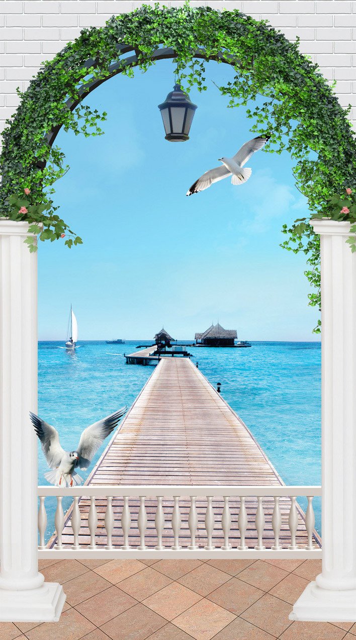 3D seagull seawater suspension bridge door mural Wallpaper AJ Wallpaper