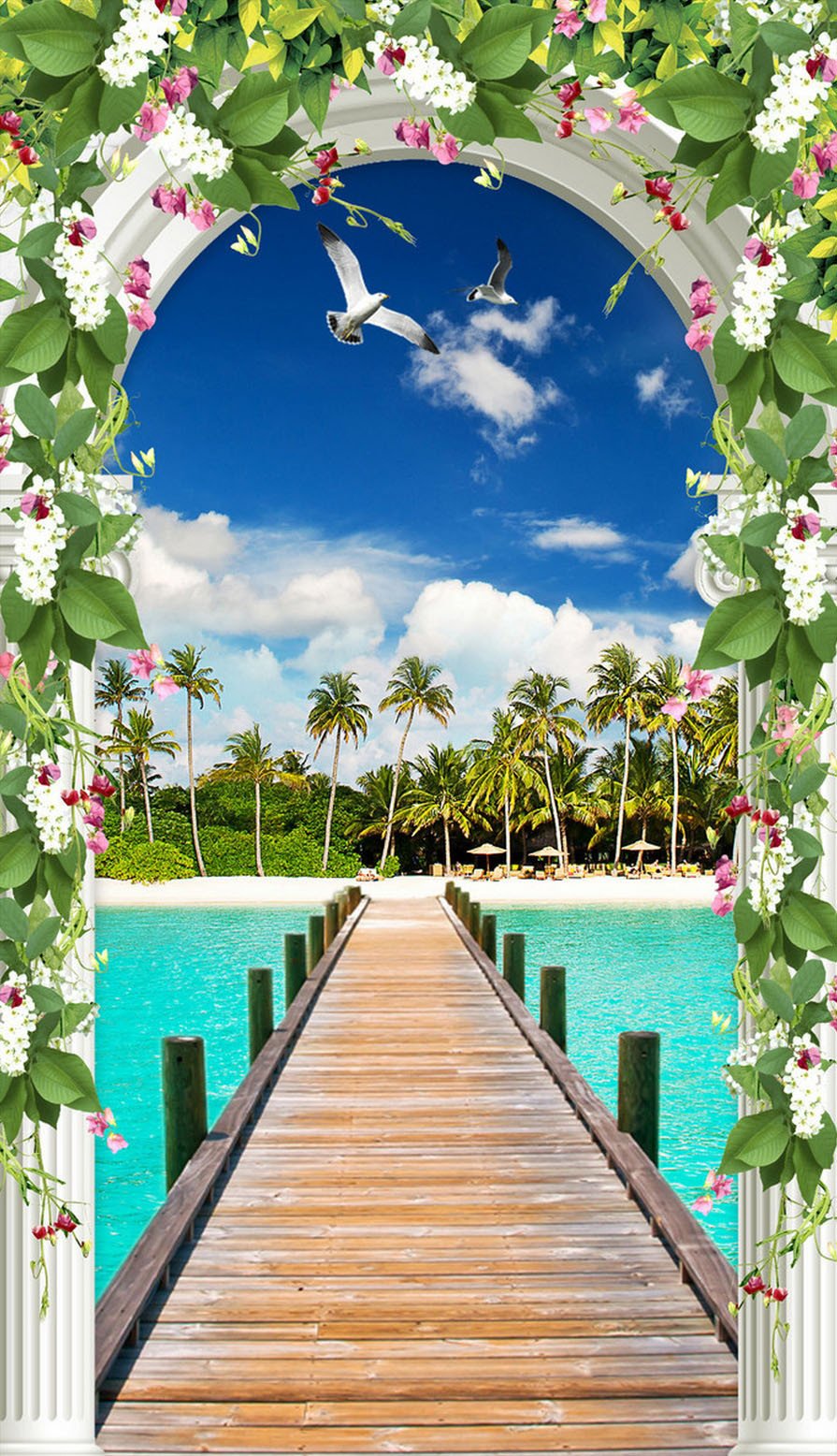3D seagull palm flower arch door mural Wallpaper AJ Wallpaper