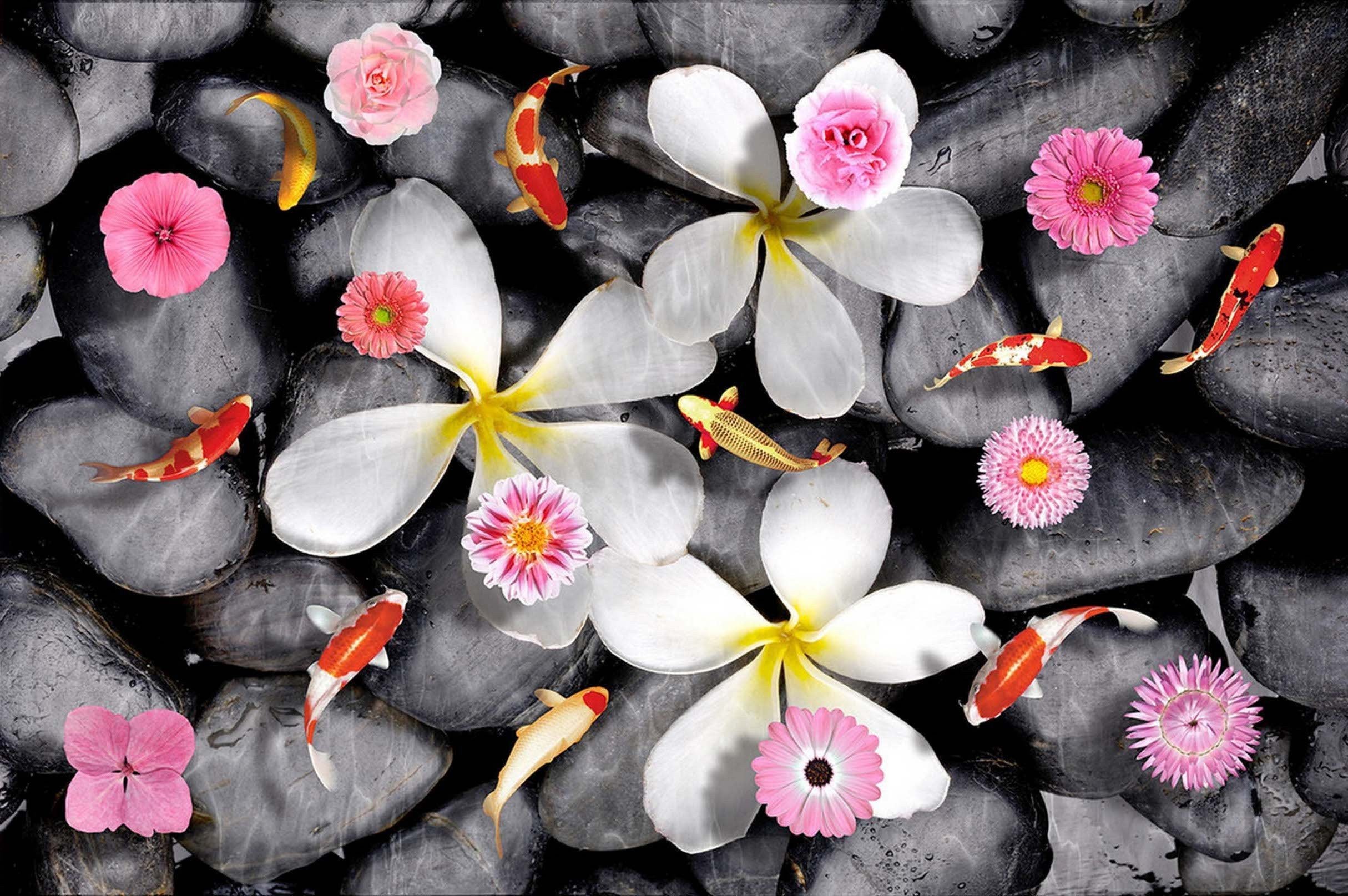3D Flowers Fishes Stones 161 Kitchen Mat Floor Mural Wallpaper AJ Wallpaper