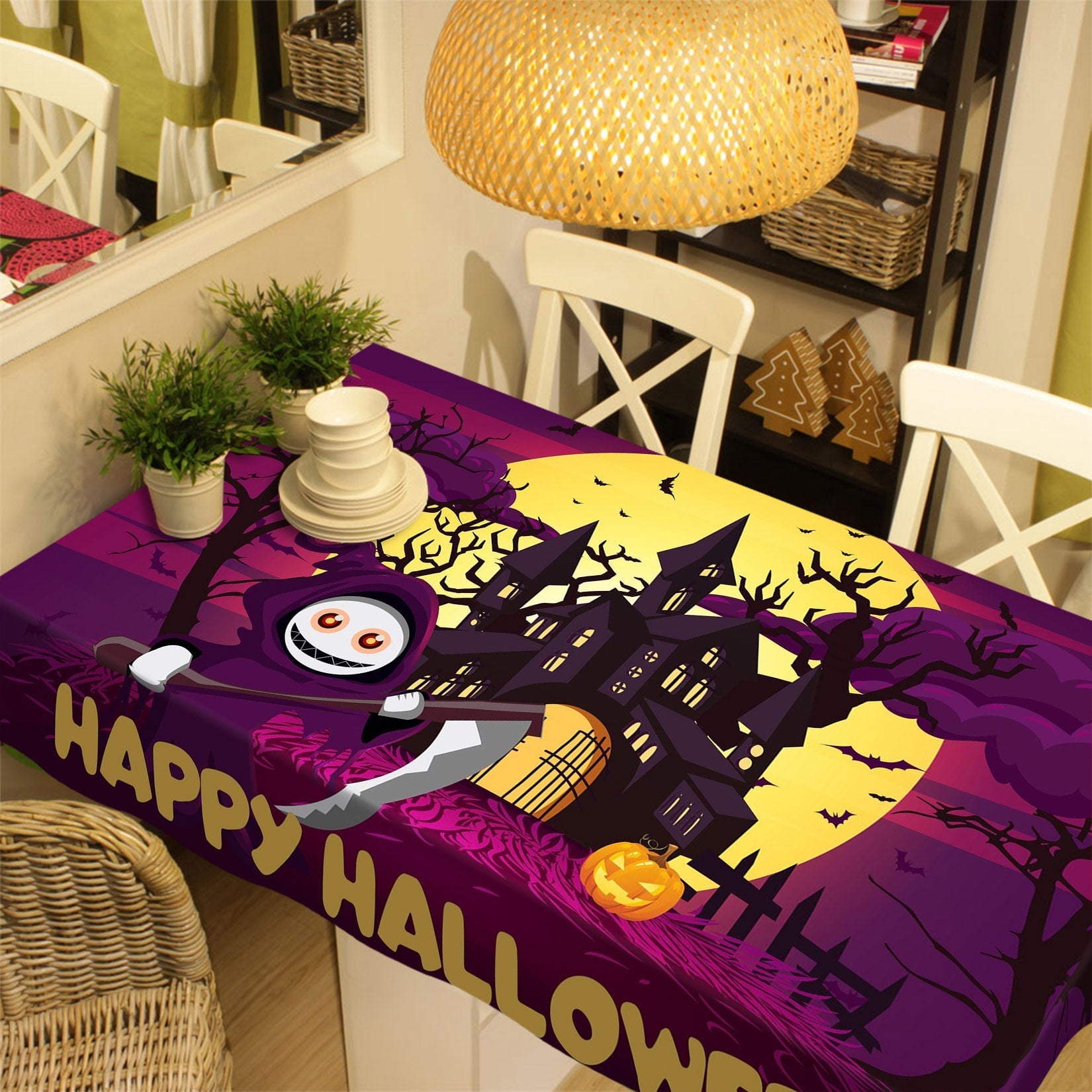 3D Moon Villa Scythe 043 Halloween Tablecloths Wallpaper AJ Wallpaper