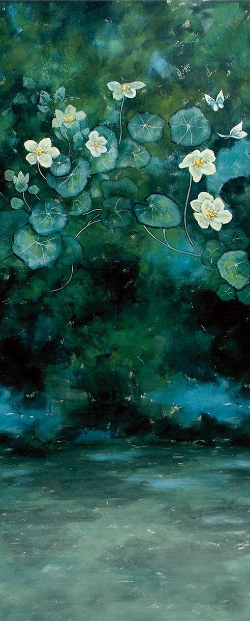 3D white flowers green leaves painting door mural Wallpaper AJ Wallpaper