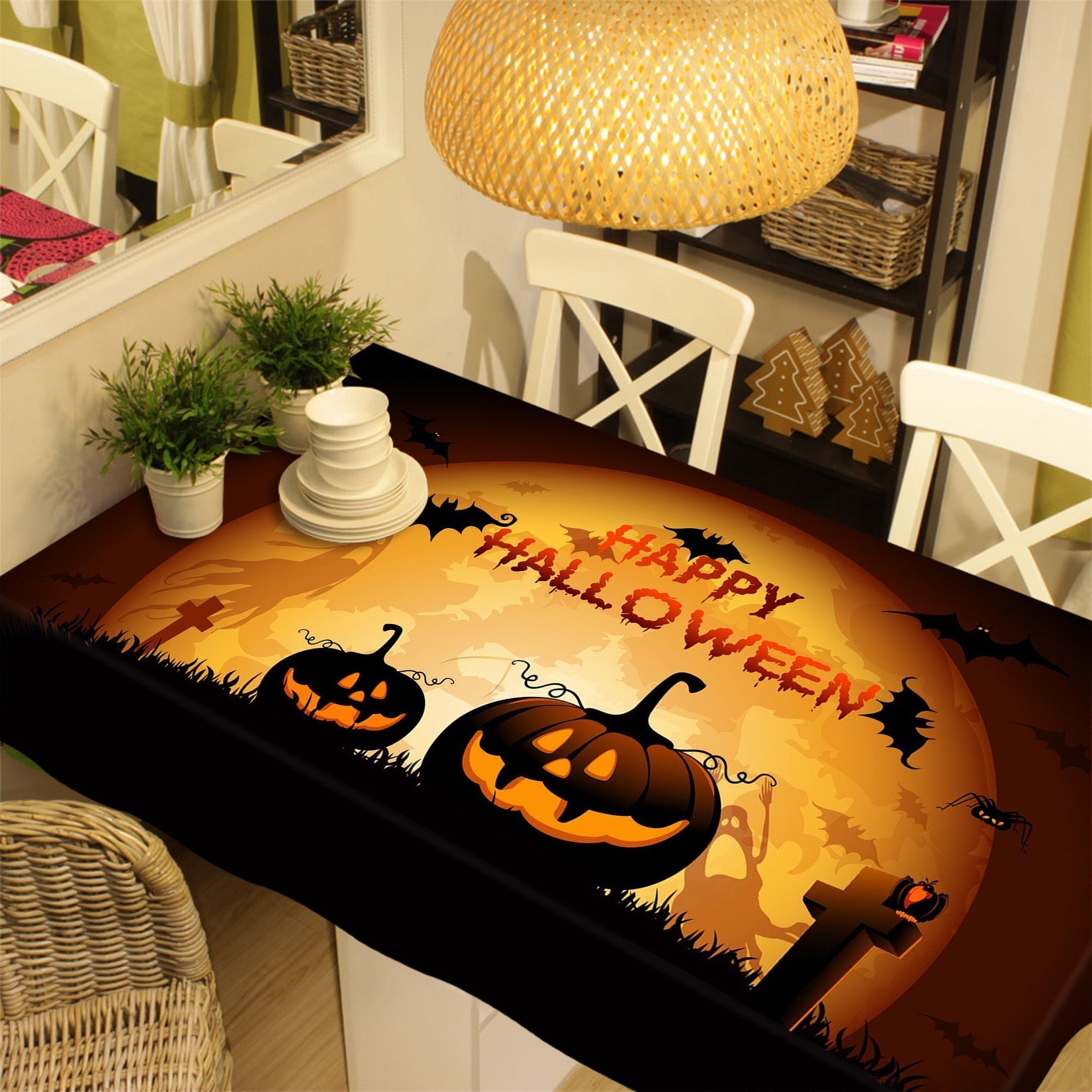 3D Pumpkin Moon Bat 041 Halloween Tablecloths Wallpaper AJ Wallpaper