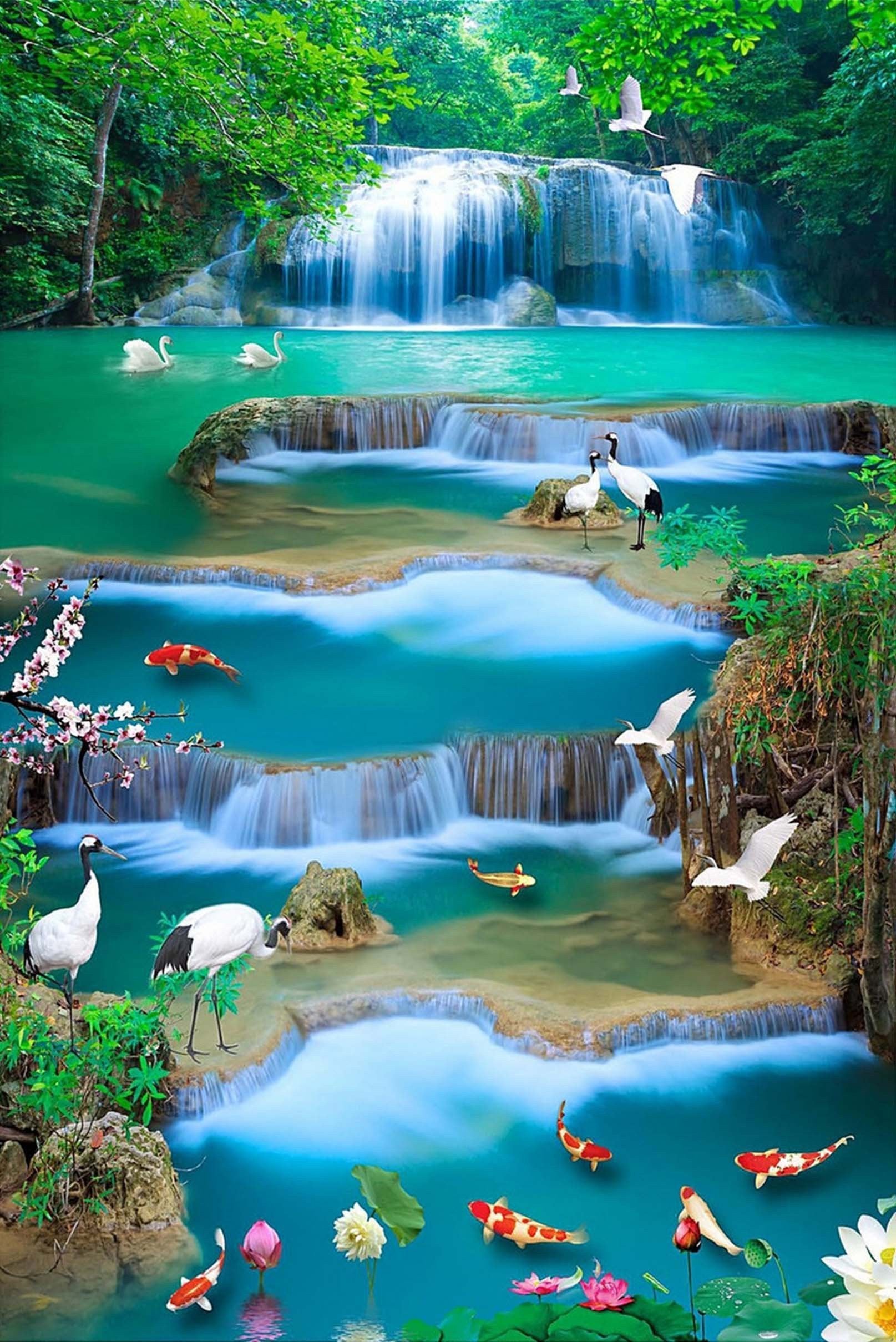 3D River Waterfall Animals 1429 Stair Risers Wallpaper AJ Wallpaper