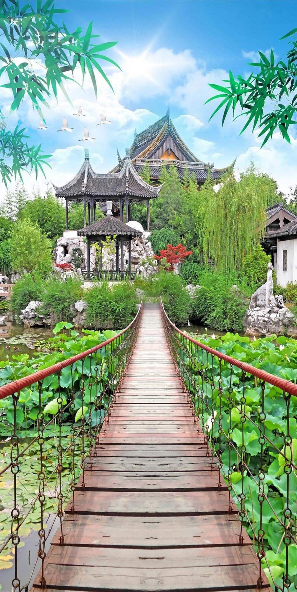 3D suspension bridge classical Pavilion door mural Wallpaper AJ Wallpaper