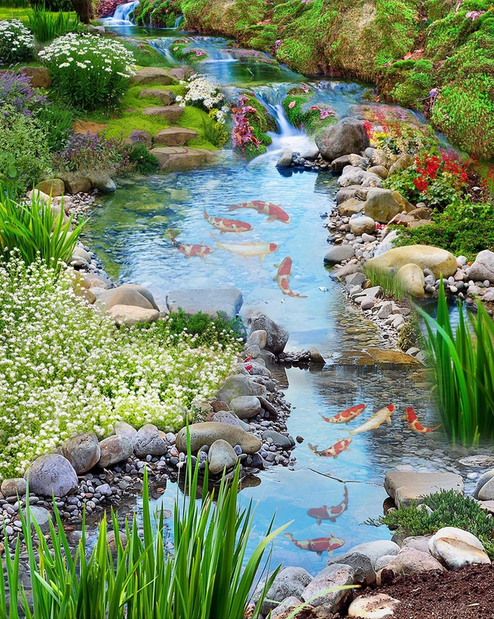 3D Creek Carps Flowers 1431 Stair Risers Wallpaper AJ Wallpaper