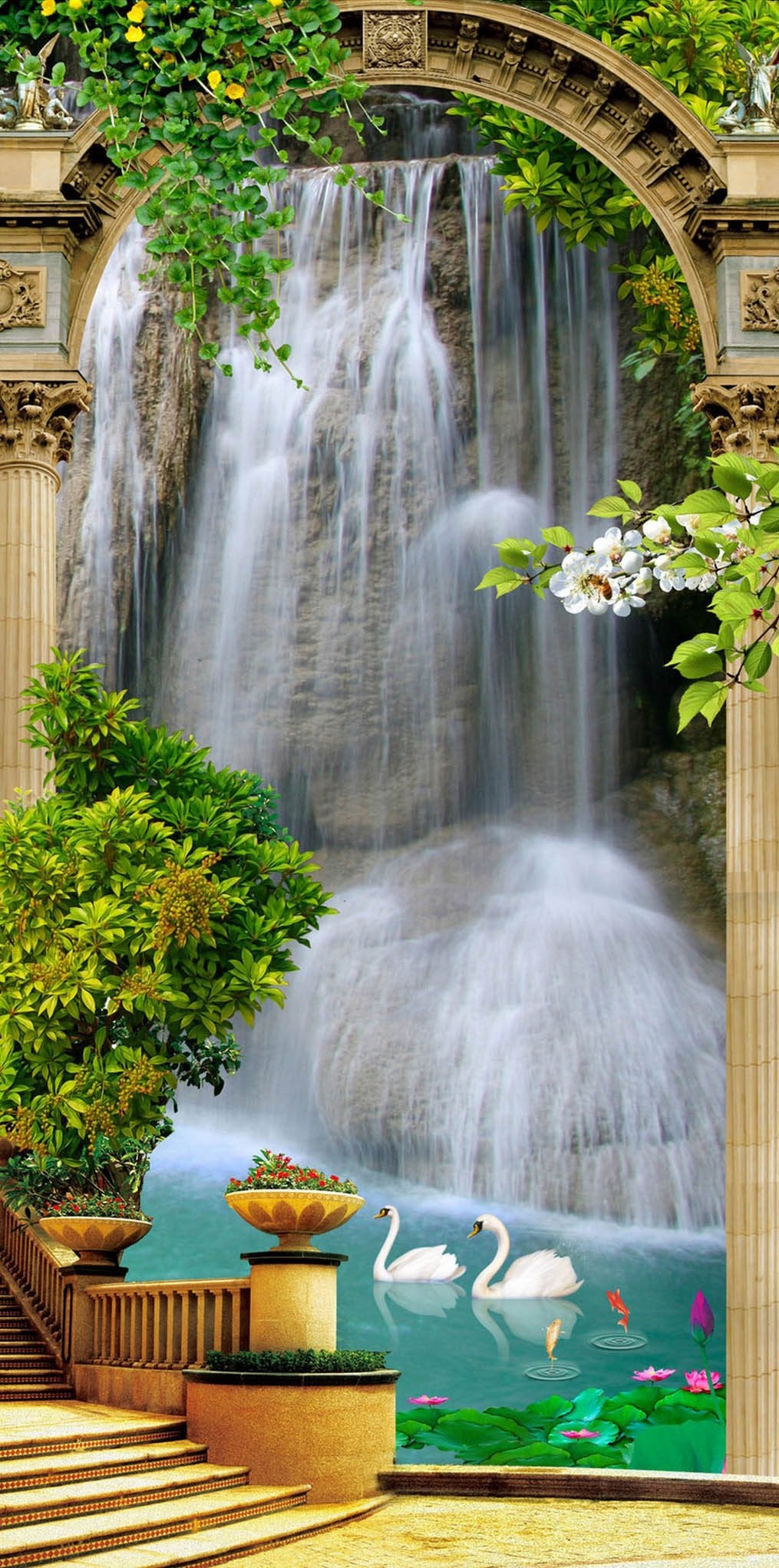 3D carp lotus goose door mural Wallpaper AJ Wallpaper