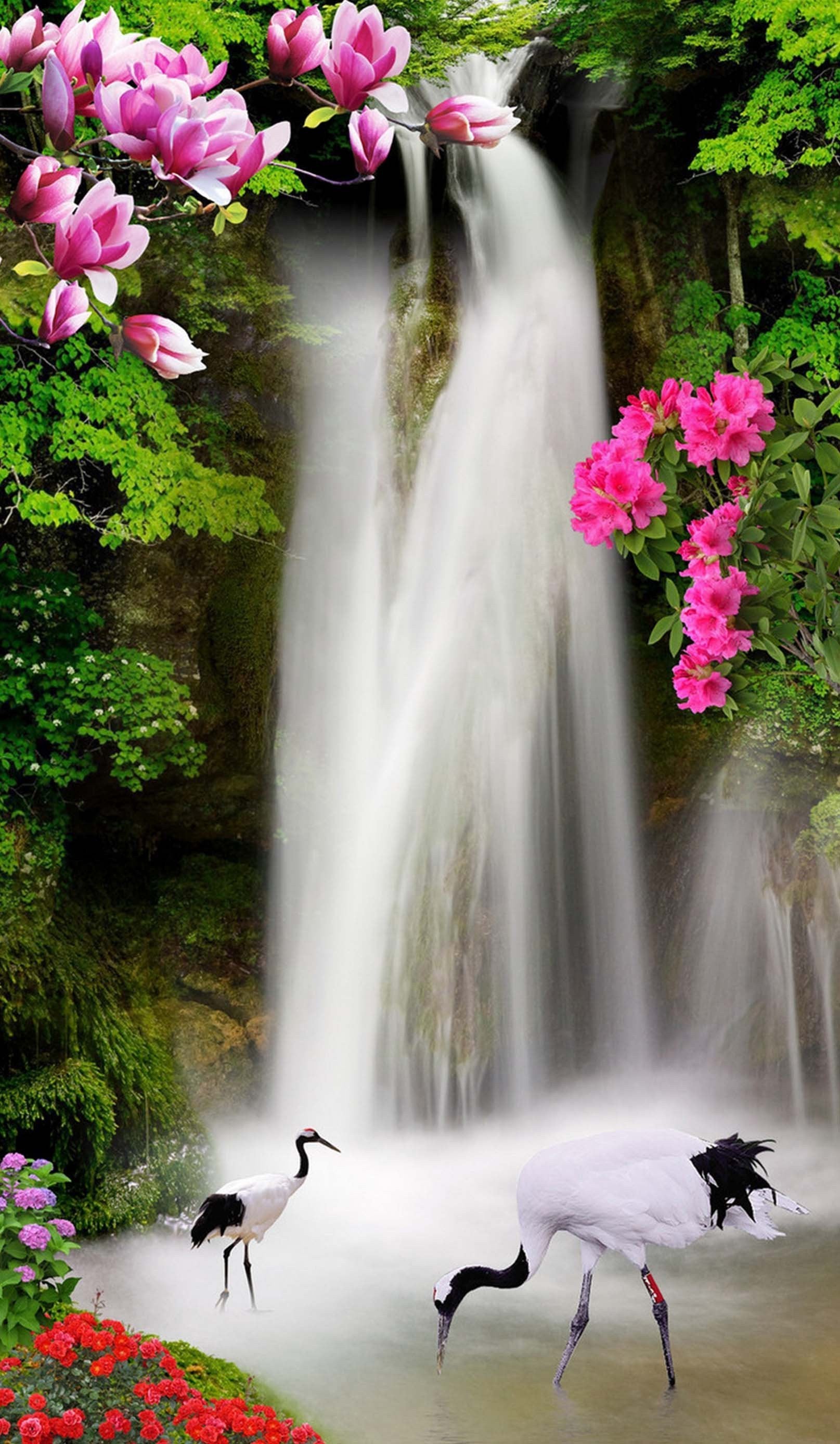 3D Waterfall Flowers Cranes 1638 Stair Risers Wallpaper AJ Wallpaper