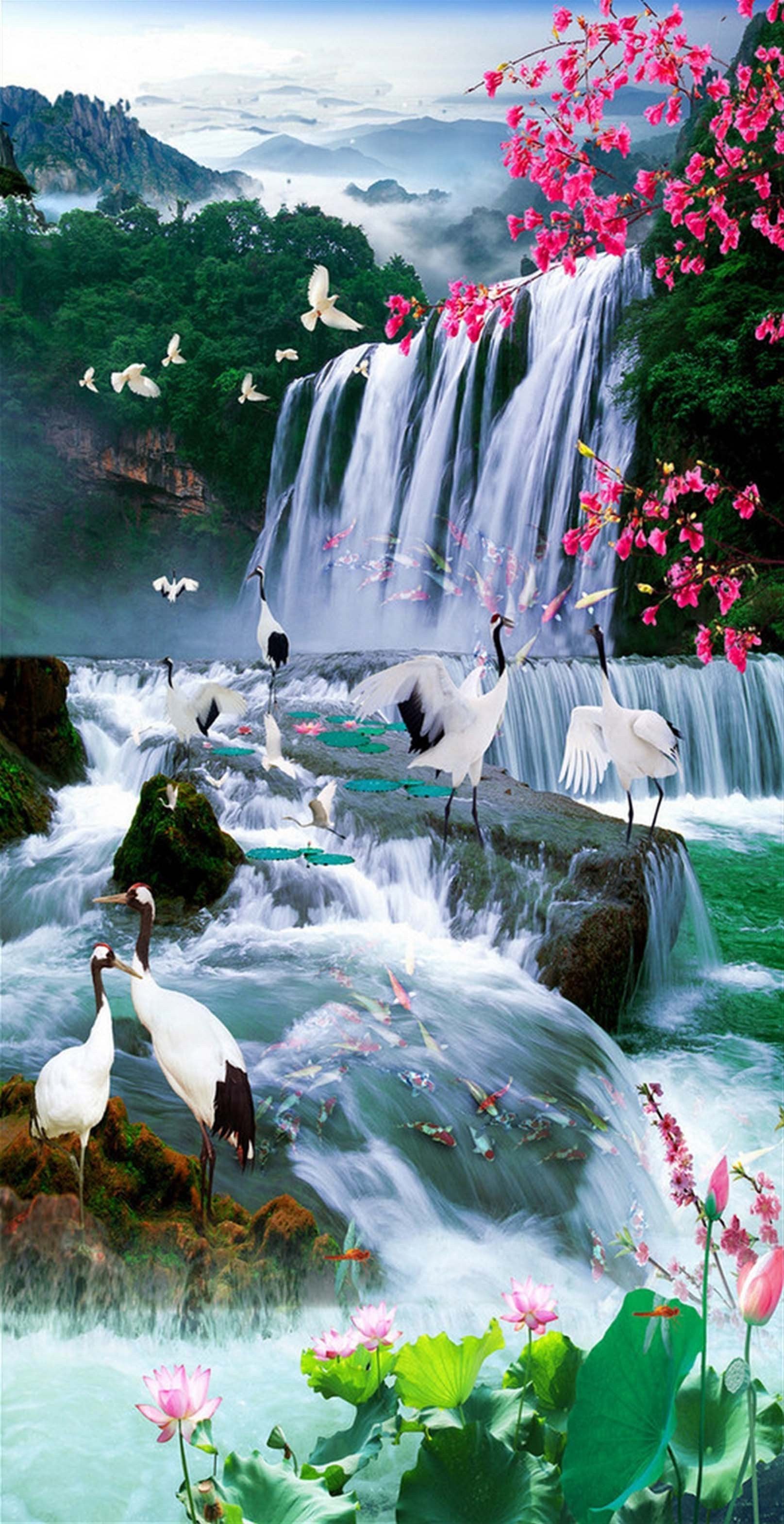 3D Waterfall Cranes 1415 Stair Risers Wallpaper AJ Wallpaper