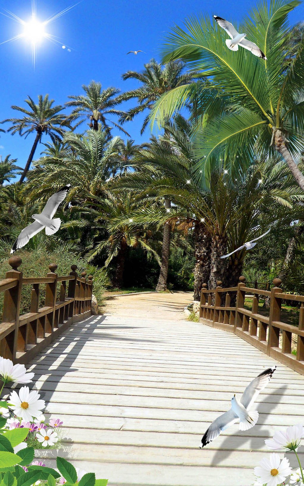 3D plank bridge seagull palm tree door mural Wallpaper AJ Wallpaper