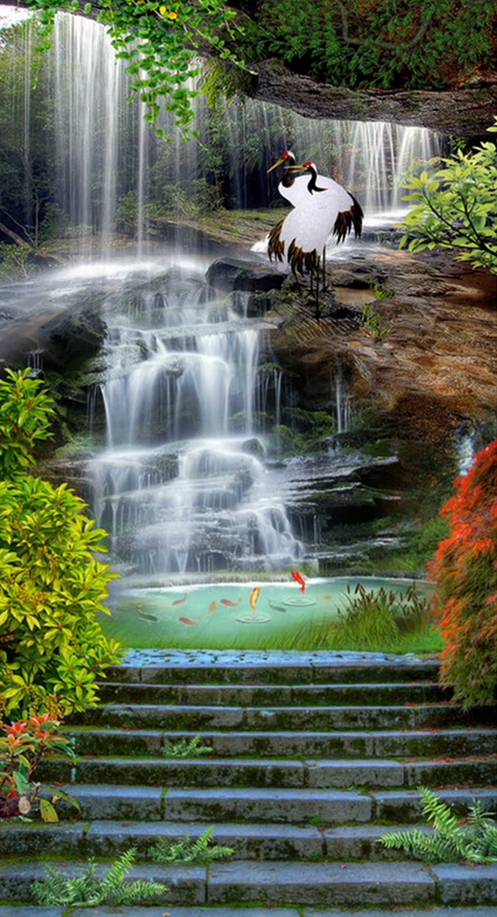 3D Waterfall Lake Stairway 1618 Stair Risers Wallpaper AJ Wallpaper