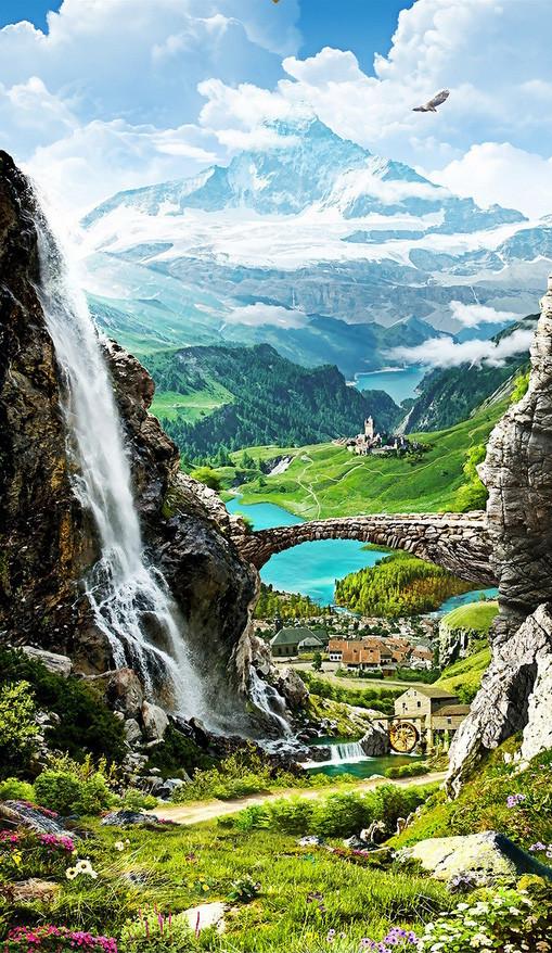 3D Mountains Village Scenery 585 Stair Risers Wallpaper AJ Wallpaper