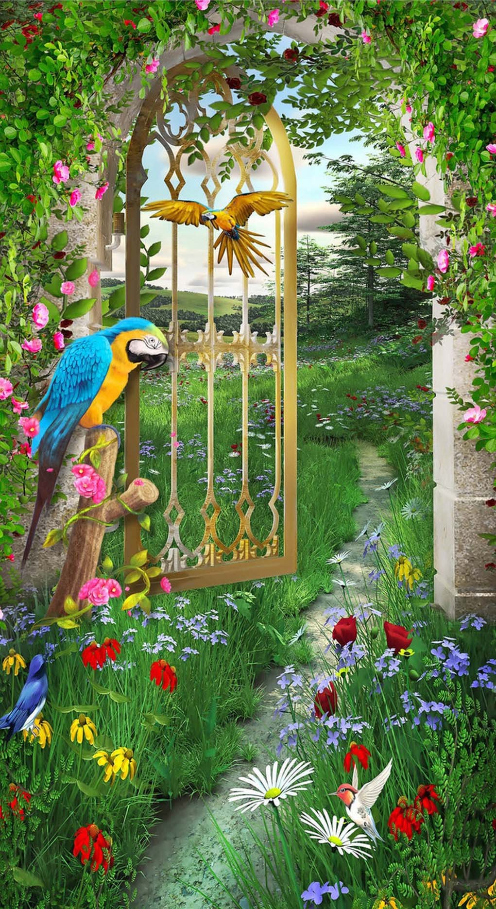 3D parrot flower painting door mural Wallpaper AJ Wallpaper