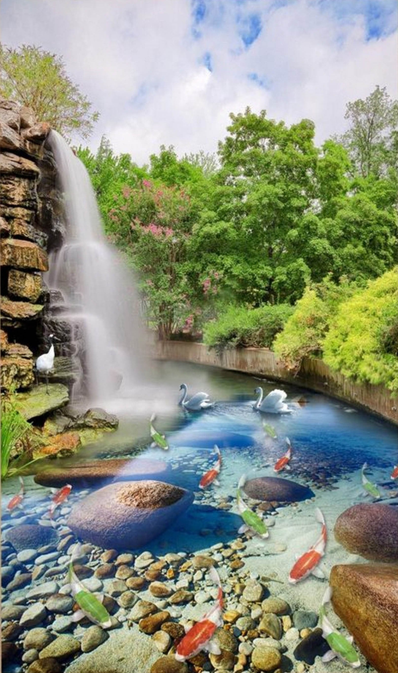 3D Waterfall Lake Animals 1613 Stair Risers Wallpaper AJ Wallpaper