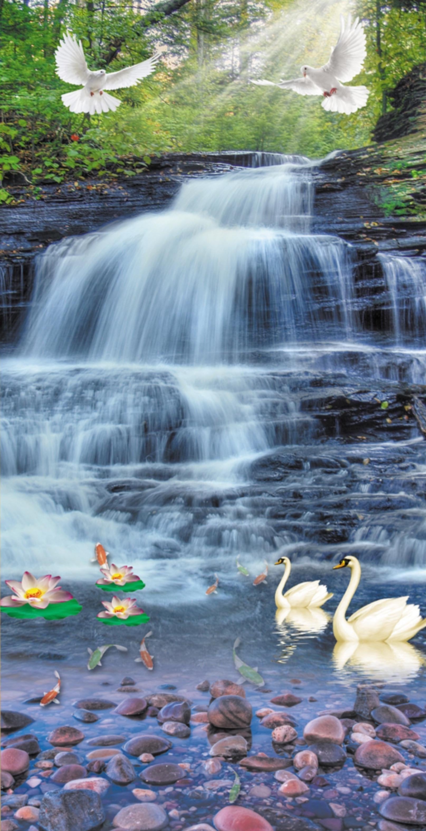 3D Waterfall Birds Swans 1615 Stair Risers Wallpaper AJ Wallpaper