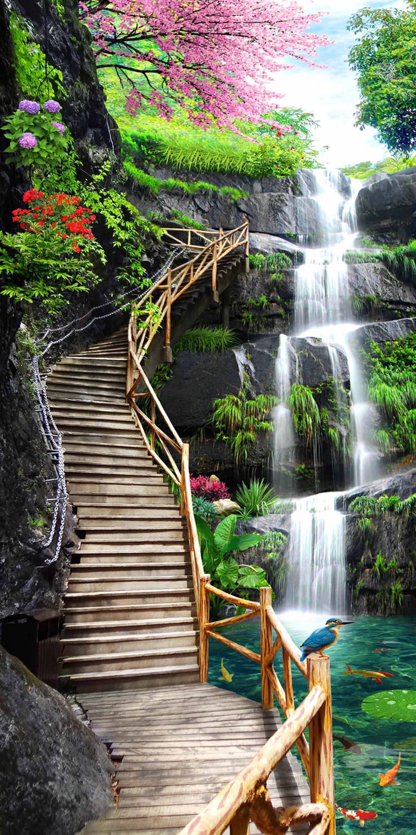 3D Waterfall Wooden Stairs 1155 Stair Risers Wallpaper AJ Wallpaper