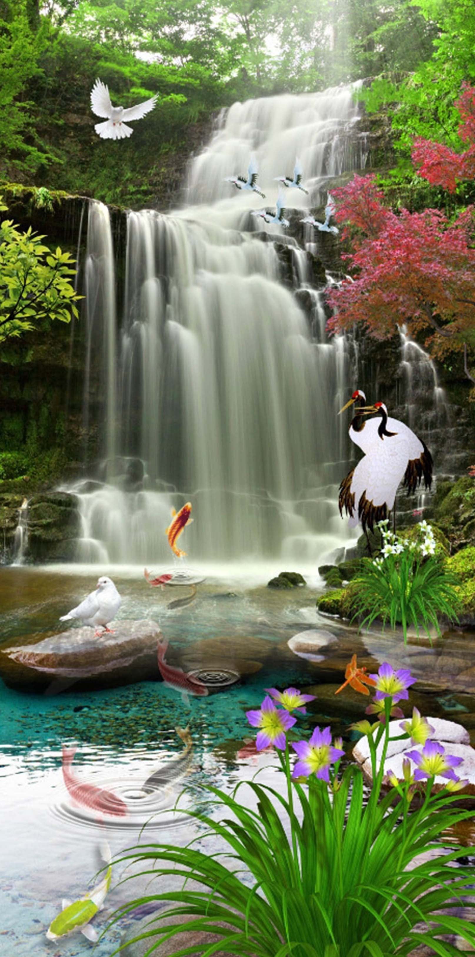 3D Waterfall Animals Flowers 1533 Stair Risers Wallpaper AJ Wallpaper