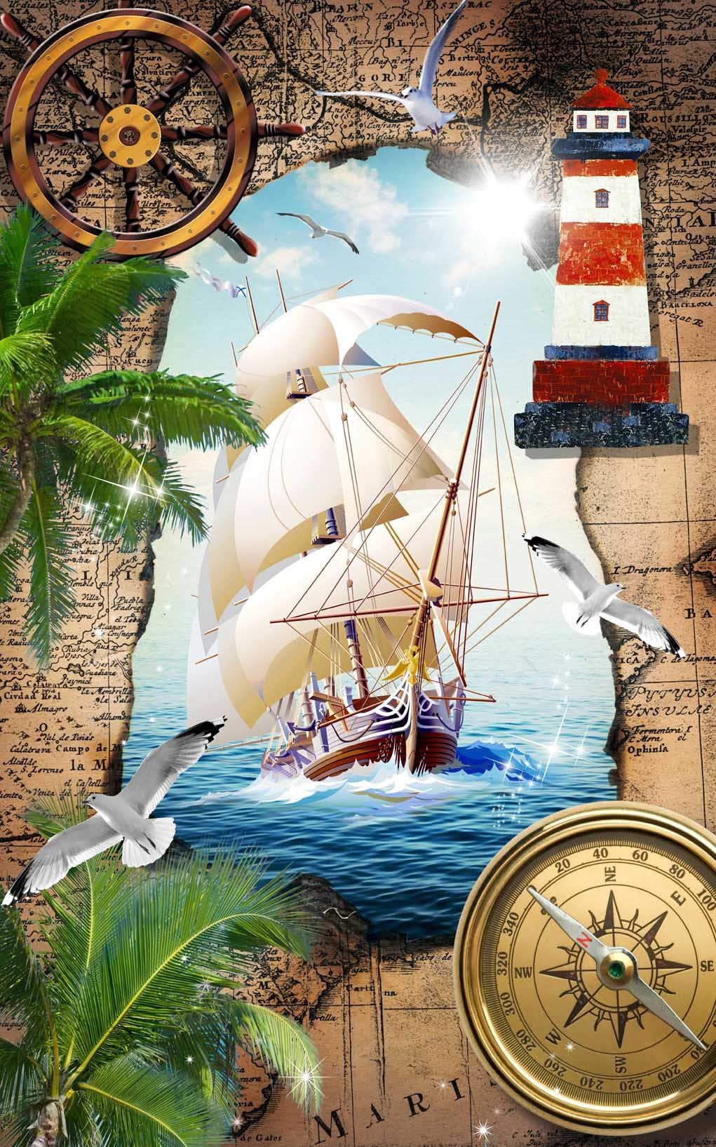 3D sailing sea seagull door mural Wallpaper AJ Wallpaper