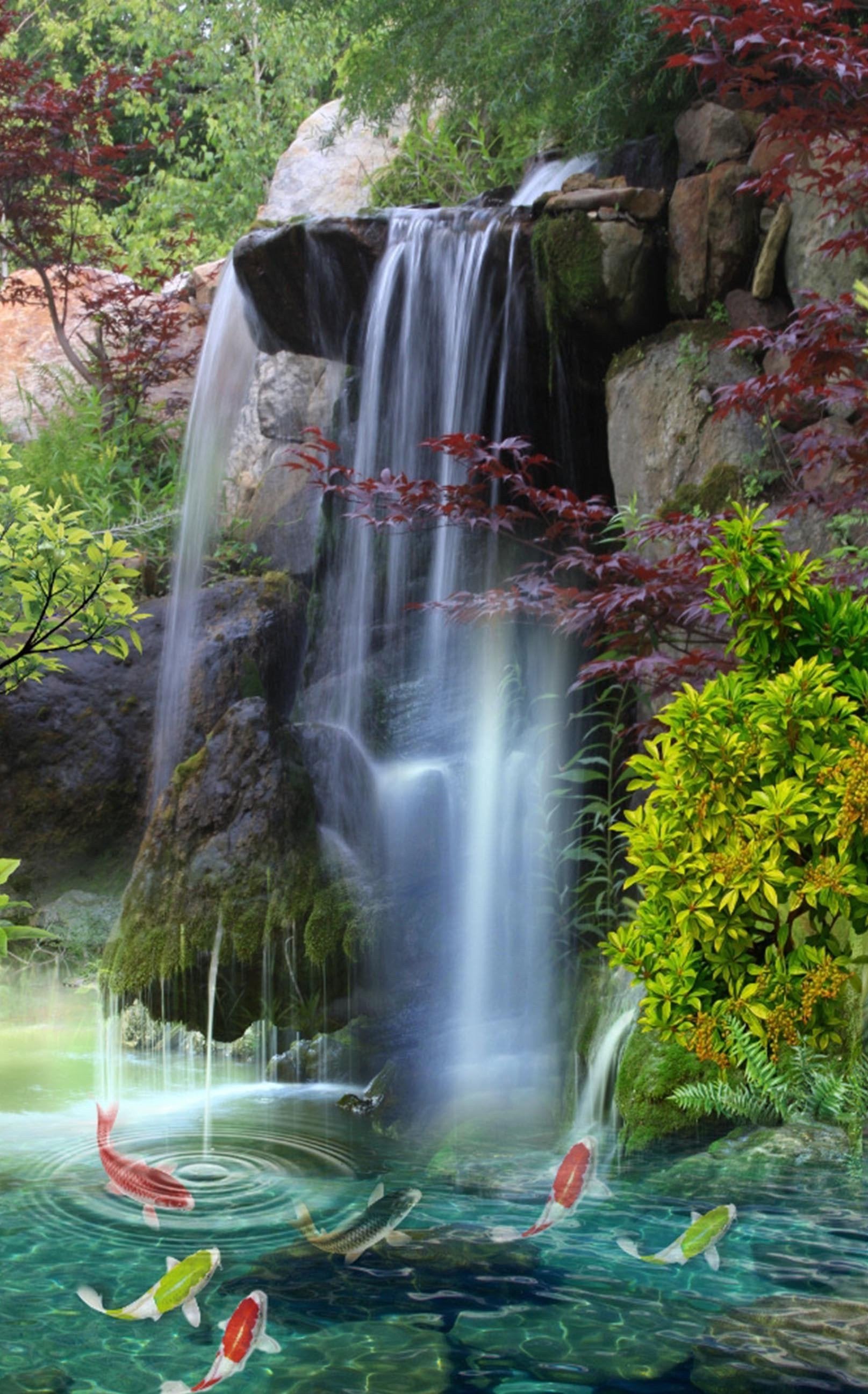 3D Waterfall Color Fishes 1495 Stair Risers Wallpaper AJ Wallpaper