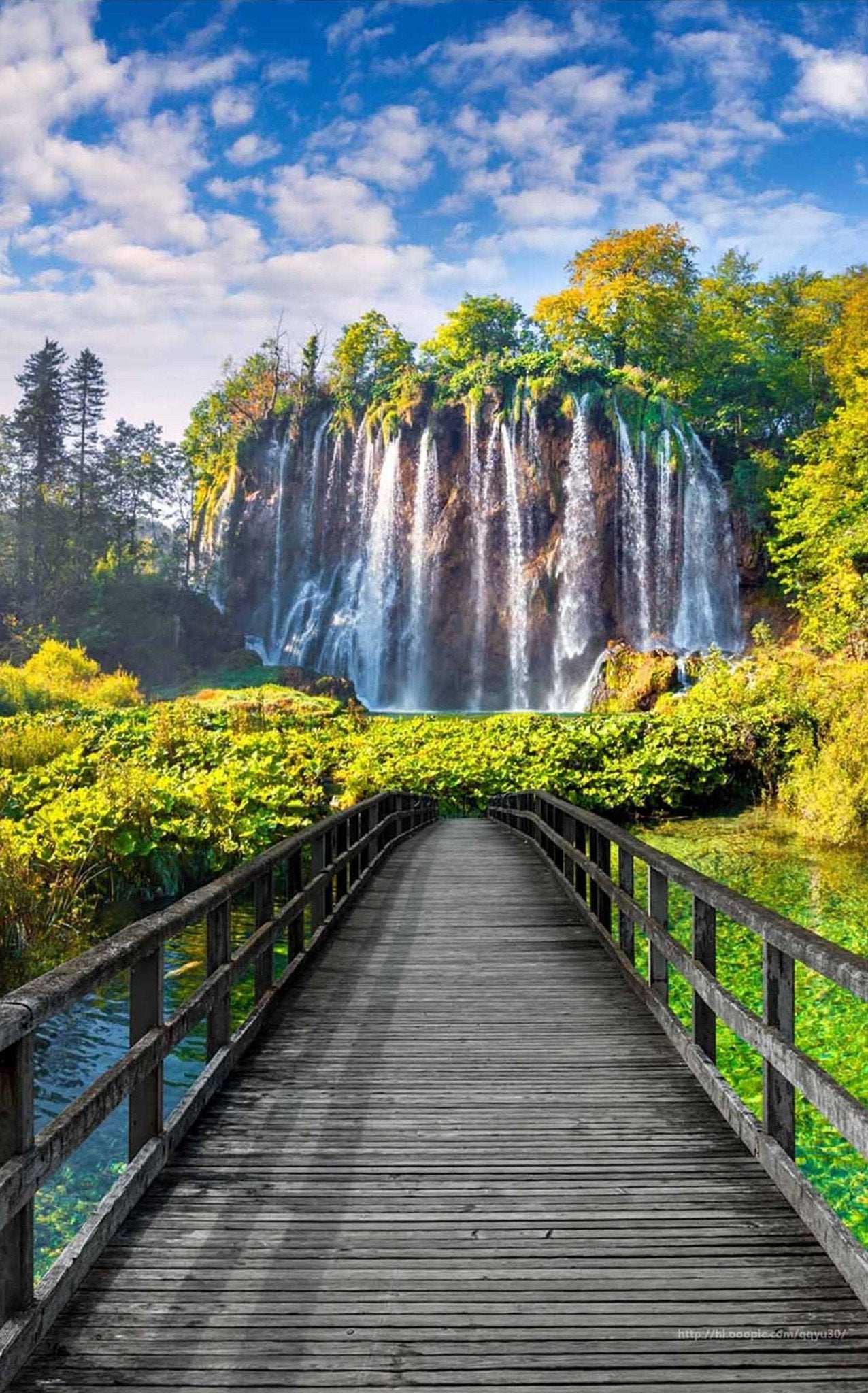 3D Waterfall Wood Bridge 69 Door Mural Wallpaper AJ Wallpaper