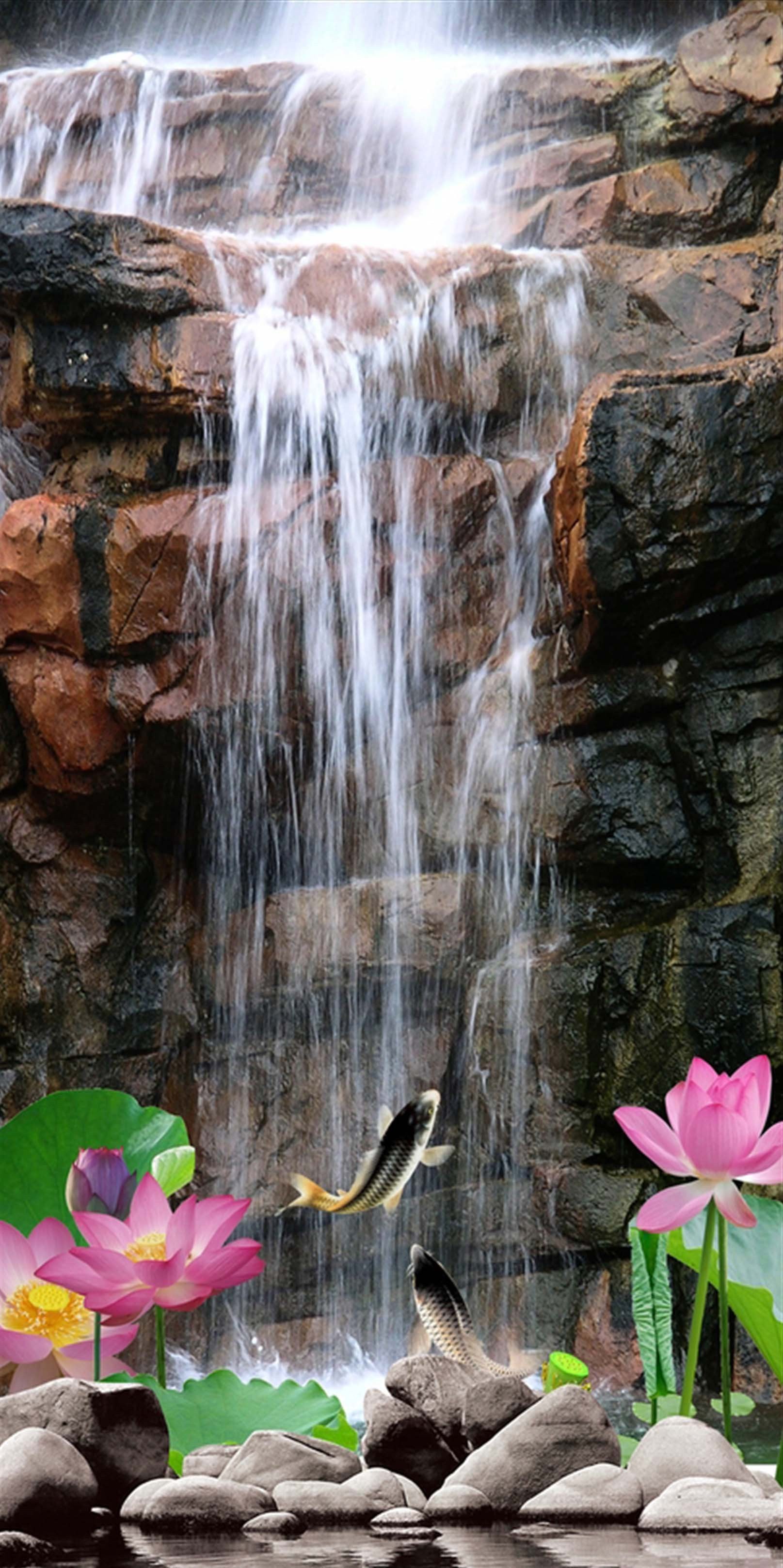 3D Waterfall Lotus Fishes 1367 Stair Risers Wallpaper AJ Wallpaper
