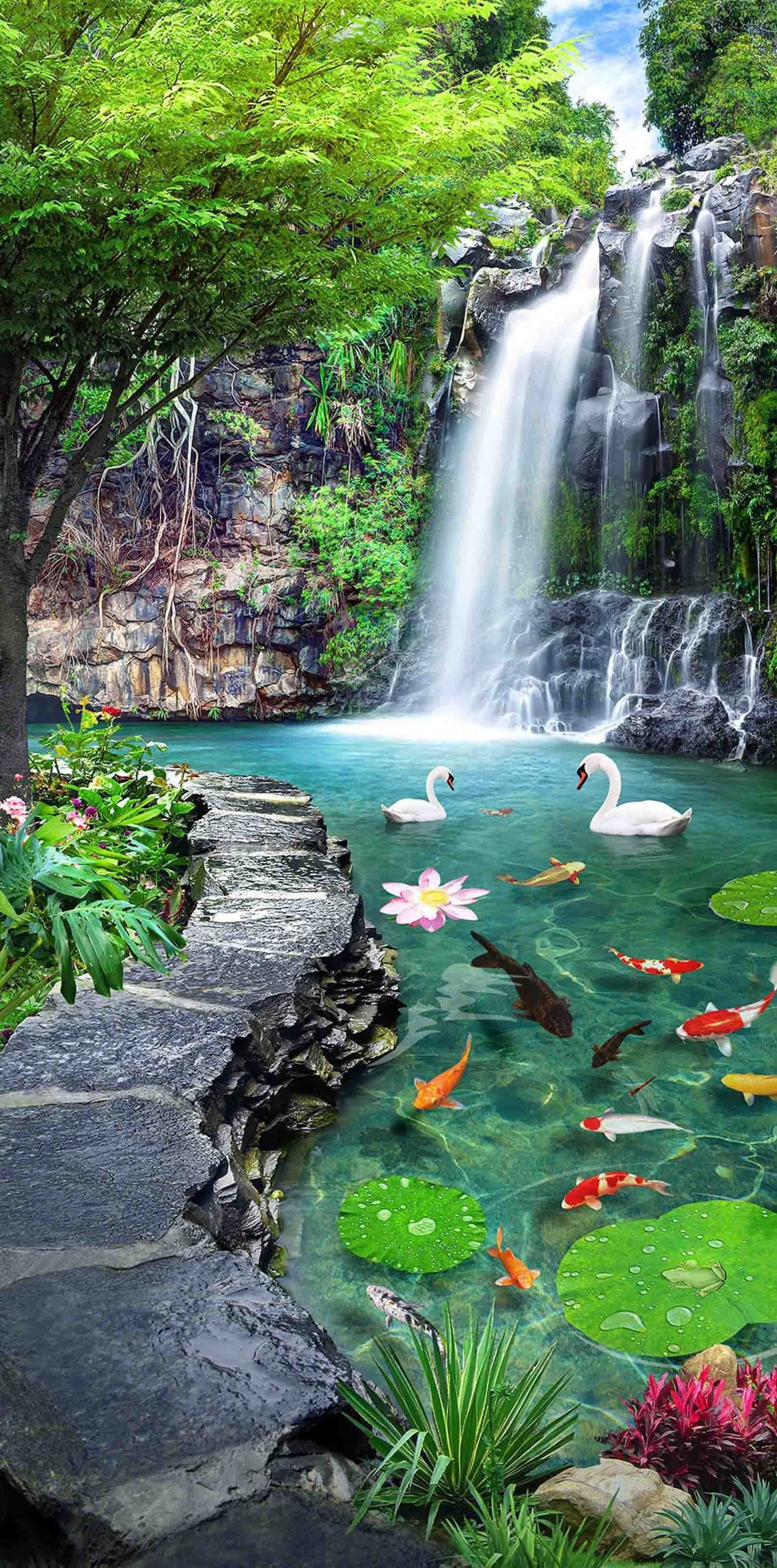 3D Waterfall Lake Fishes Swans 1478 Stair Risers Wallpaper AJ Wallpaper