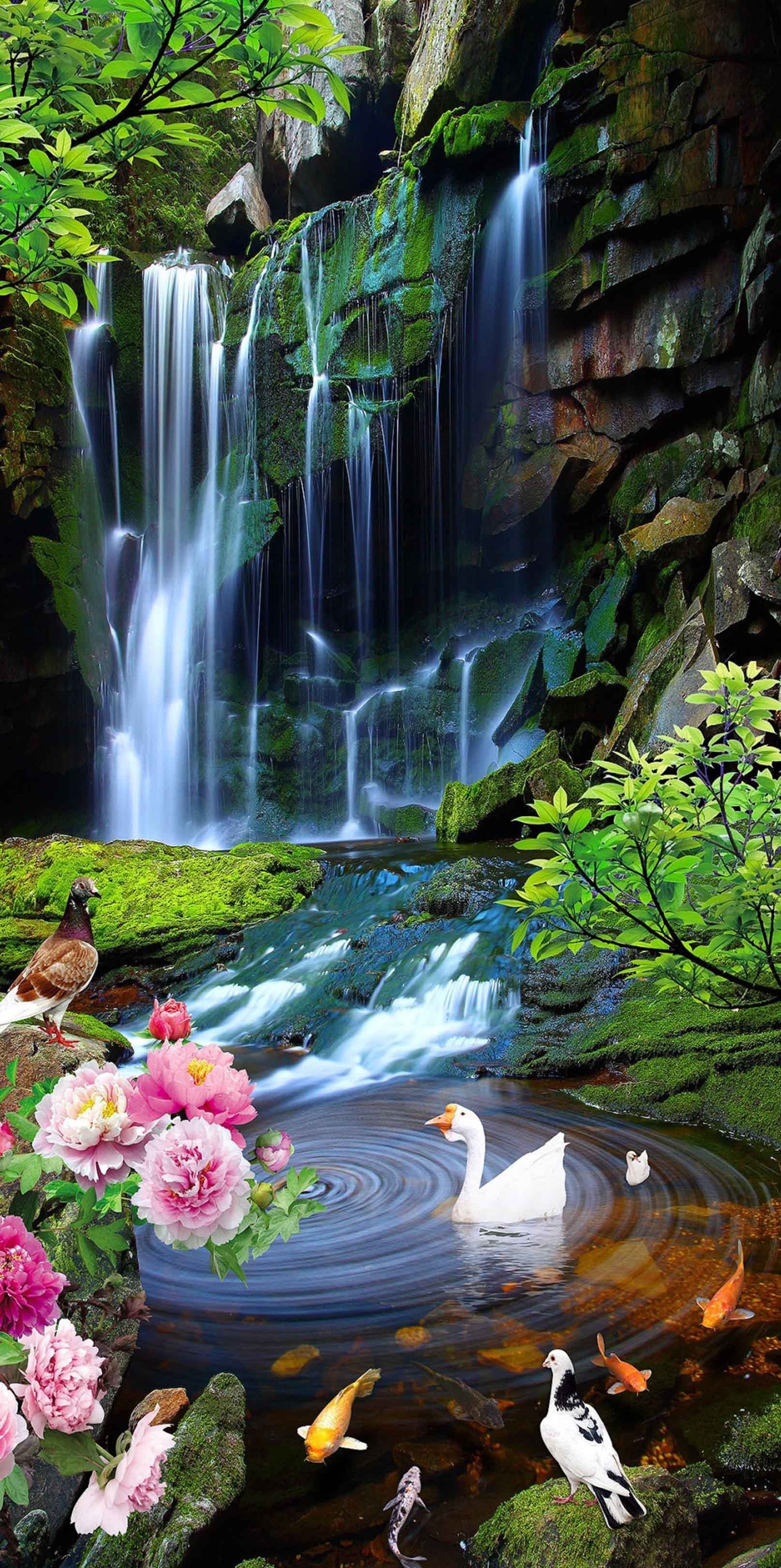 3D Natural Waterfall Lake Animals 1364 Stair Risers Wallpaper AJ Wallpaper