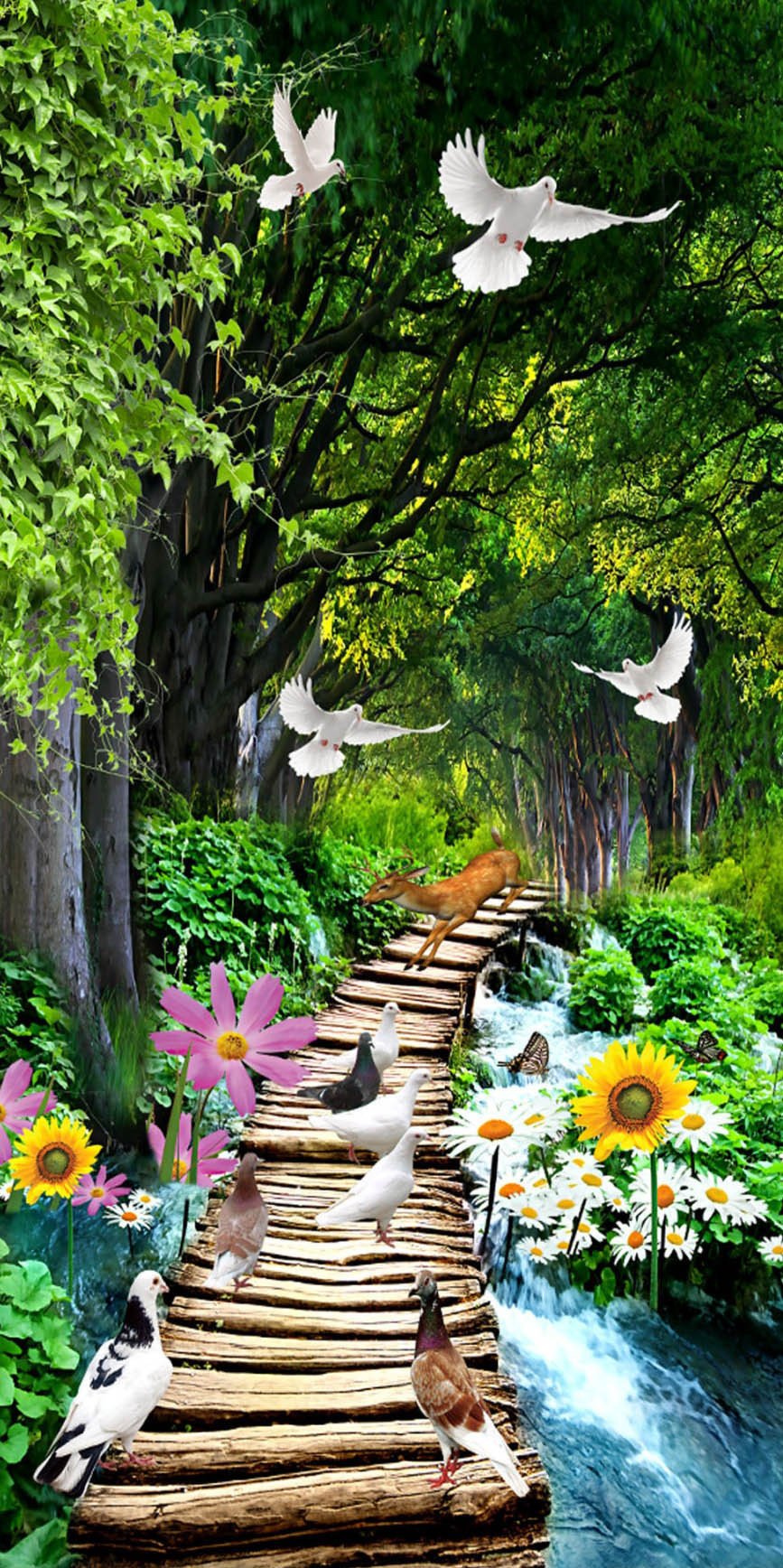 3D river wood bridge birds door mural Wallpaper AJ Wallpaper