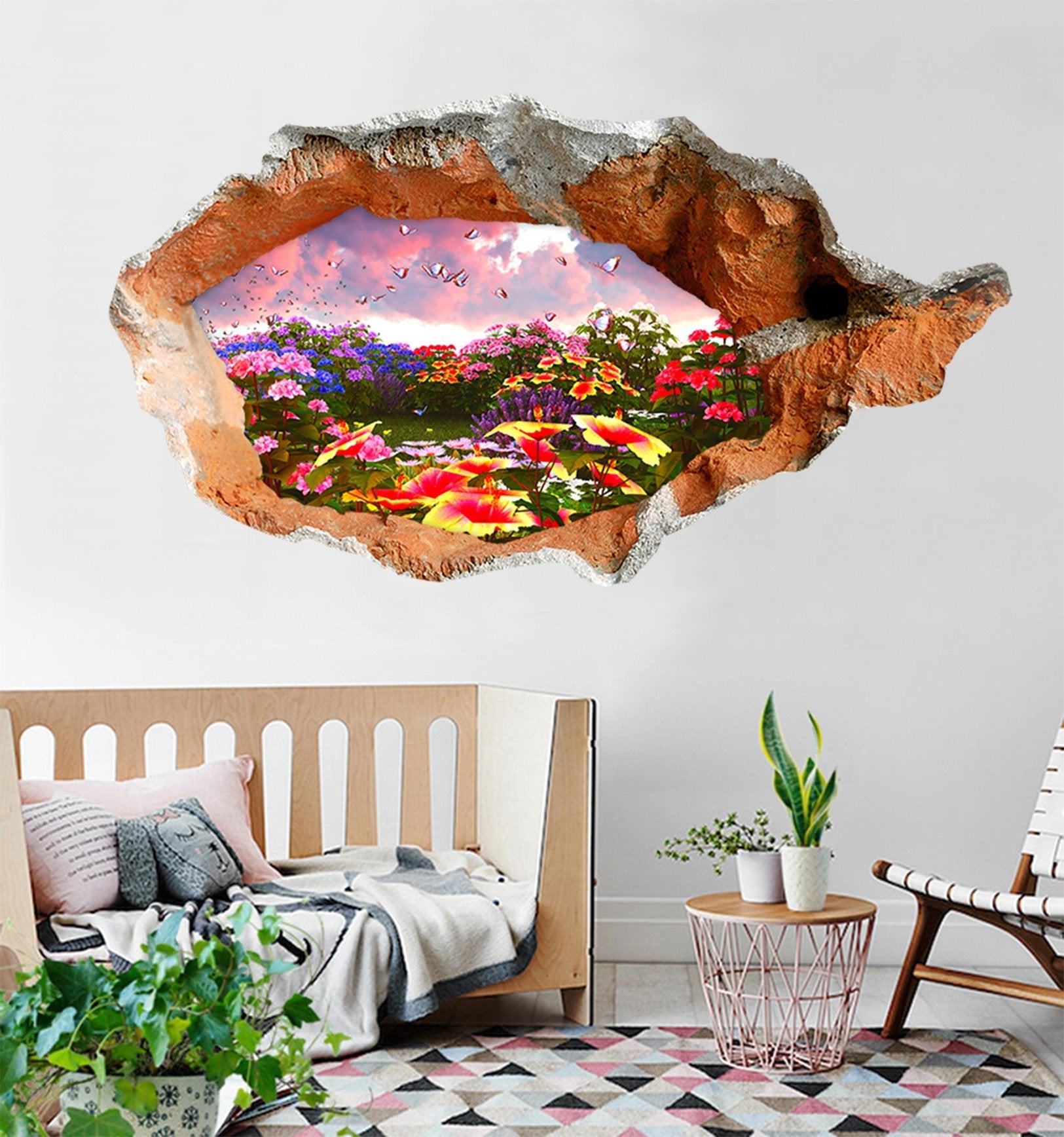 3D Flowers Flying Butterflies 350 Broken Wall Murals Wallpaper AJ Wallpaper