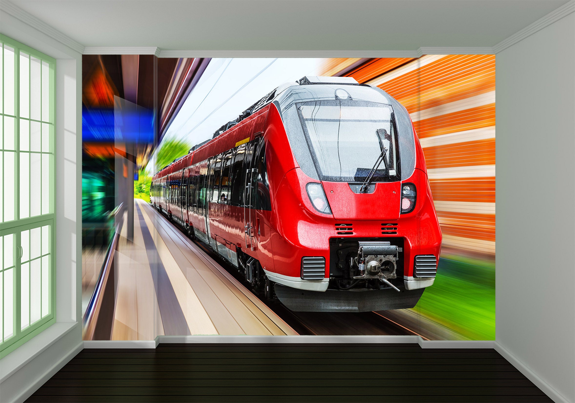 3D Red Locomotive 170 Vehicle Wall Murals