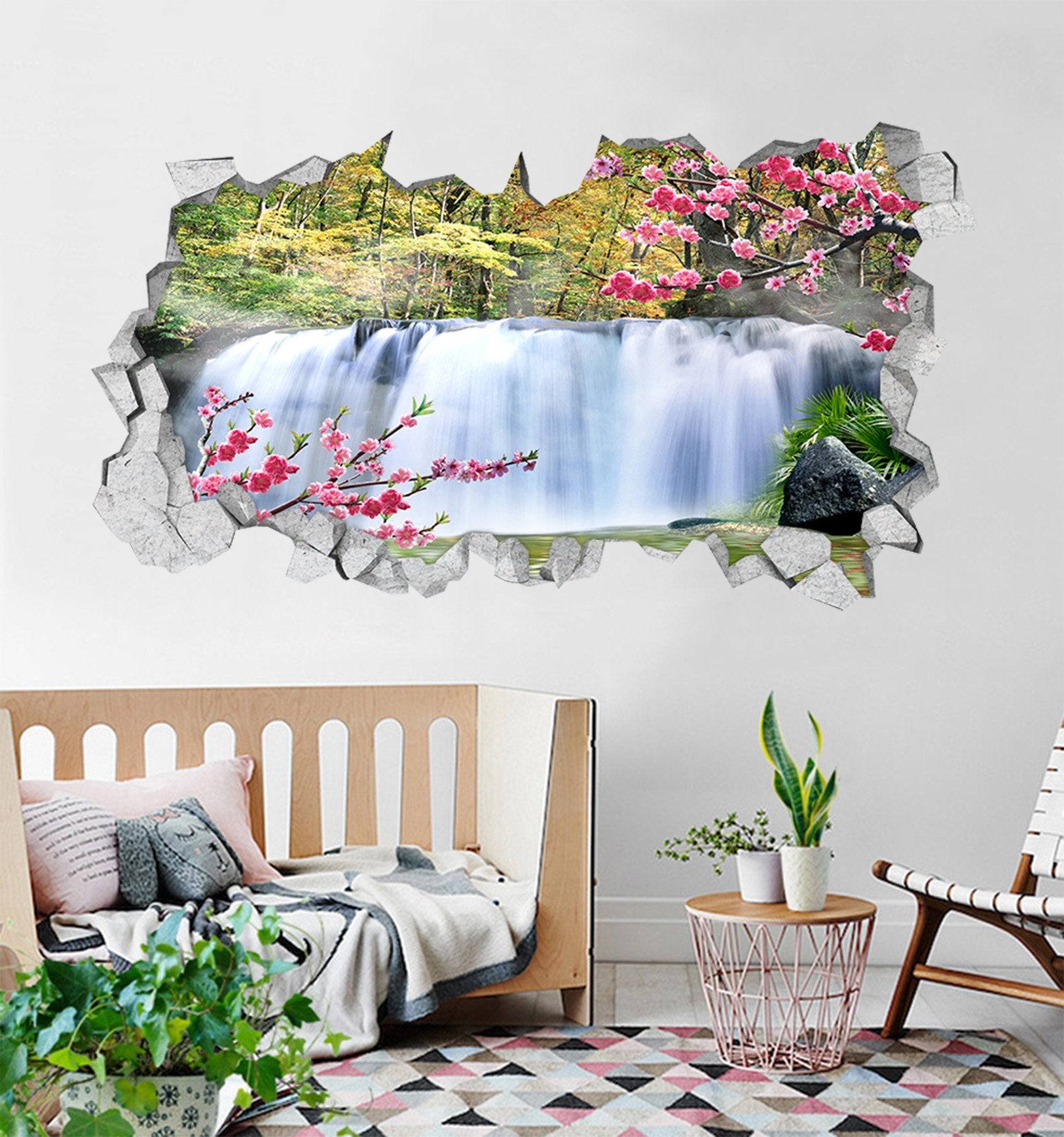 3D Mountain Flowers Waterfall 130 Broken Wall Murals Wallpaper AJ Wallpaper