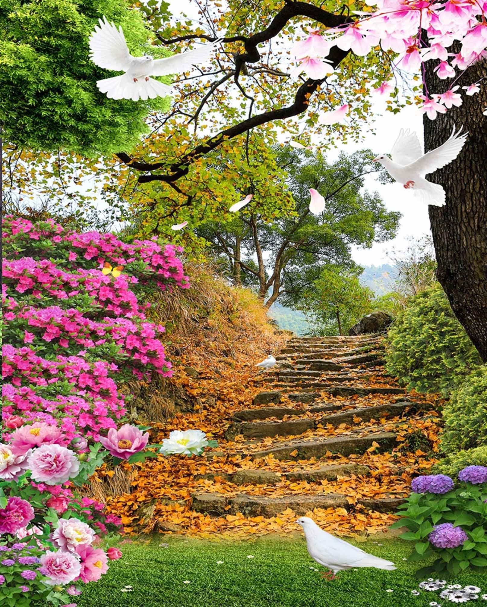 3D Stairway Flowers Birds 1600 Stair Risers Wallpaper AJ Wallpaper