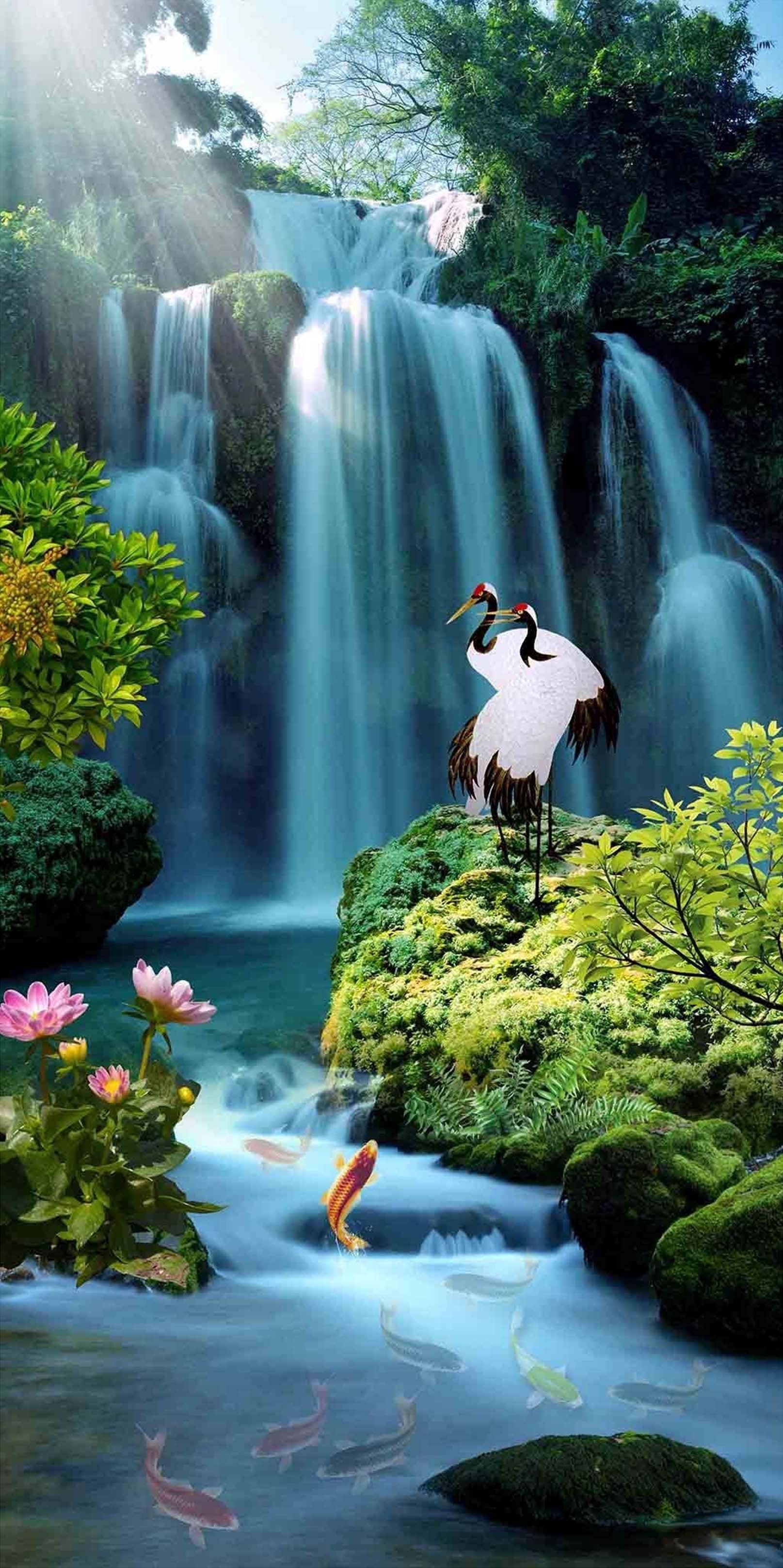 3D Charming Waterfall Cranes 1347 Stair Risers Wallpaper AJ Wallpaper