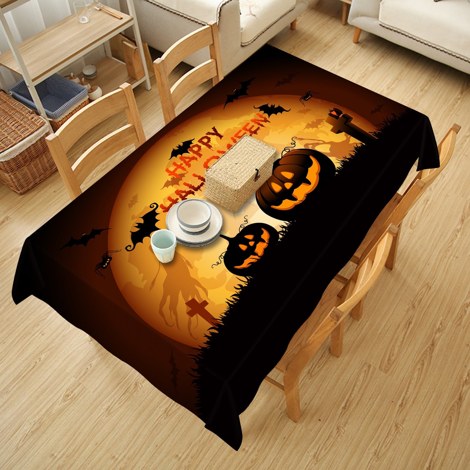 3D Pumpkin Moon Bat 041 Halloween Tablecloths Wallpaper AJ Wallpaper