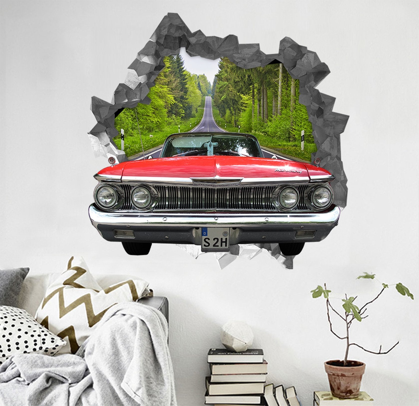3D Forest Road Car 74 Broken Wall Murals Wallpaper AJ Wallpaper