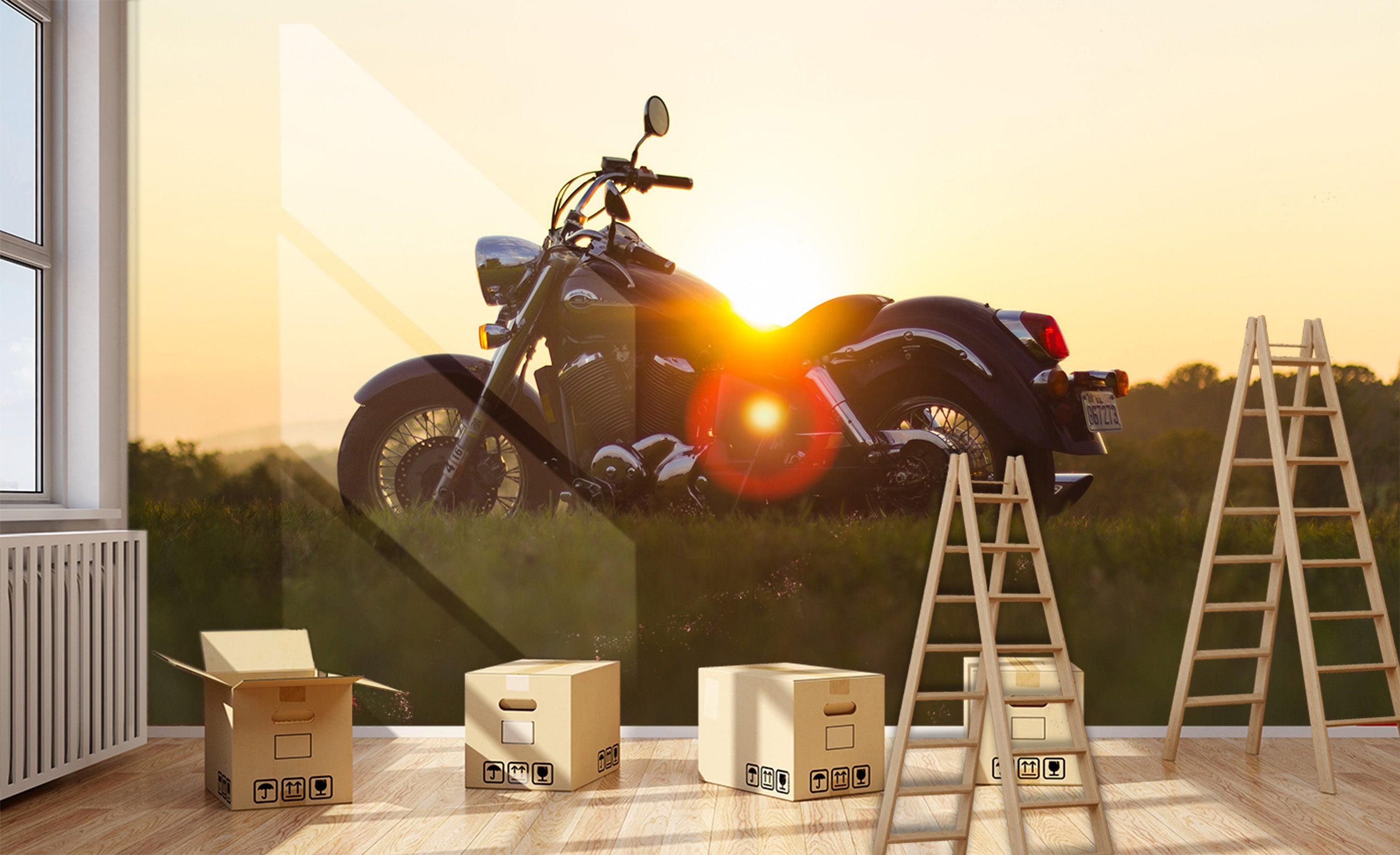 3D Motorcycle Sunset 123 Vehicle Wall Murals