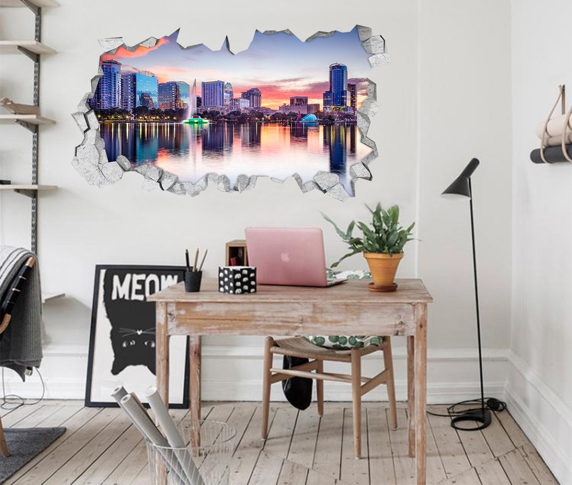 3D City Lake Scenery 095 Broken Wall Murals Wallpaper AJ Wallpaper