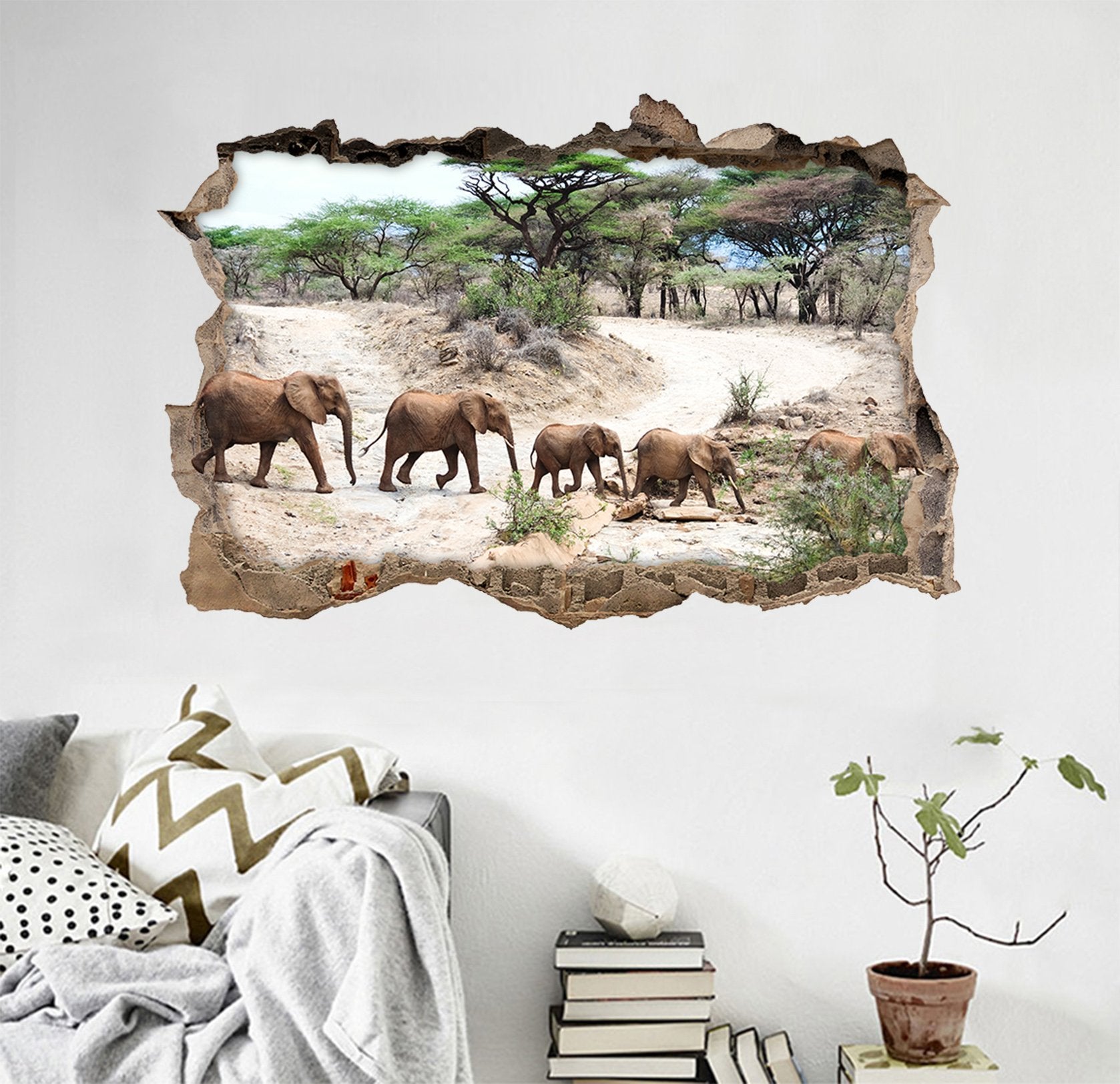 3D Trekking Elephants 008 Broken Wall Murals Wallpaper AJ Wallpaper