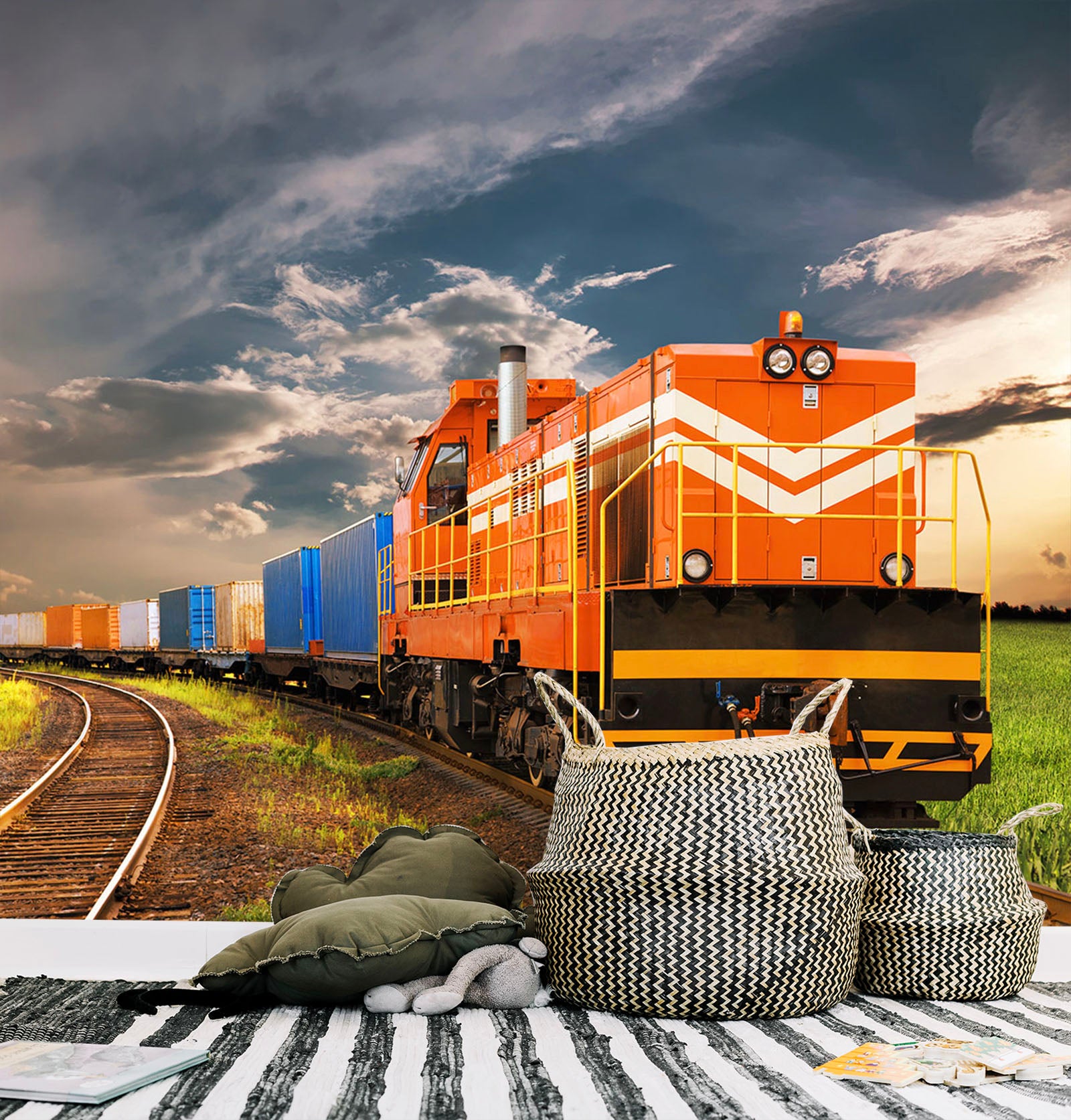 3D Orange Train 155 Vehicle Wall Murals
