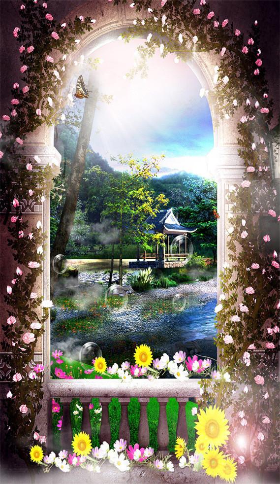 3D building sea flowe arch door mural Wallpaper AJ Wallpaper