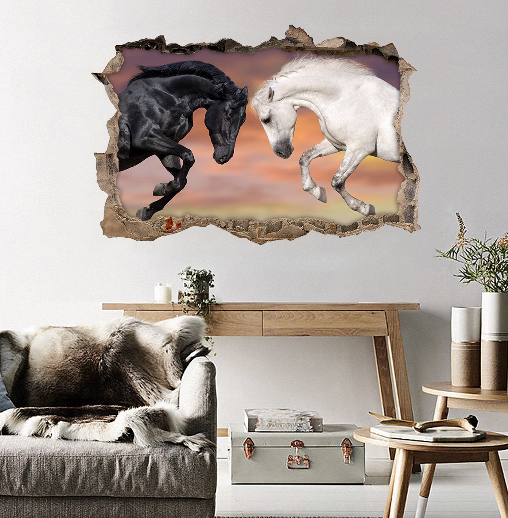 3D Black And White Horses 120 Broken Wall Murals Wallpaper AJ Wallpaper