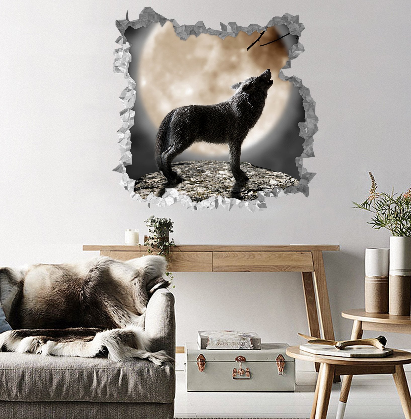 3D Full Moon Night Howling Wolf 198 Broken Wall Murals Wallpaper AJ Wallpaper