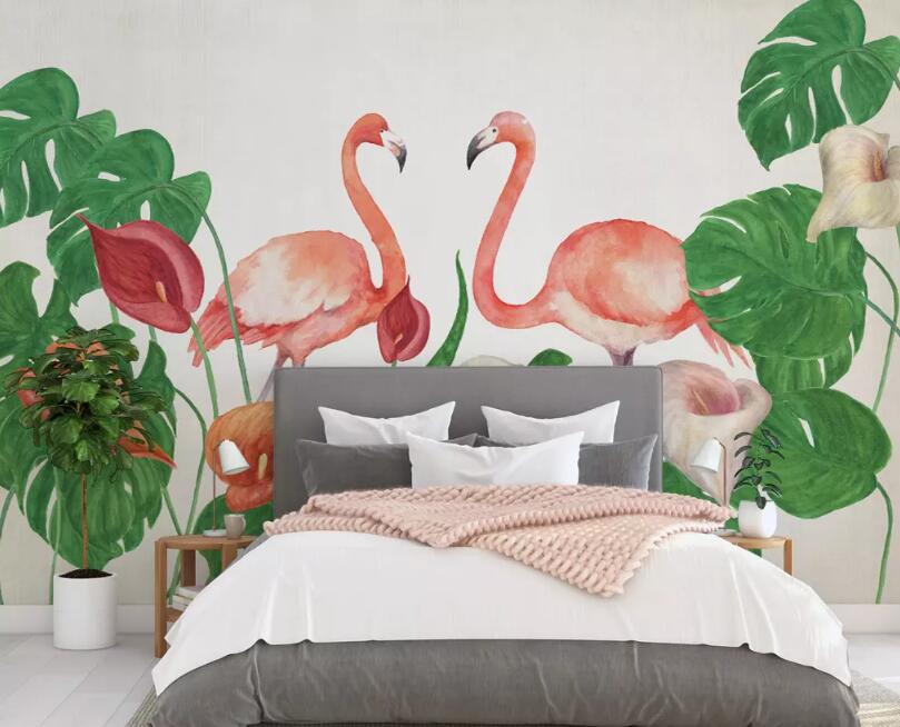 3D Flamingo Leaves WG78 Wall Murals Wallpaper AJ Wallpaper 2