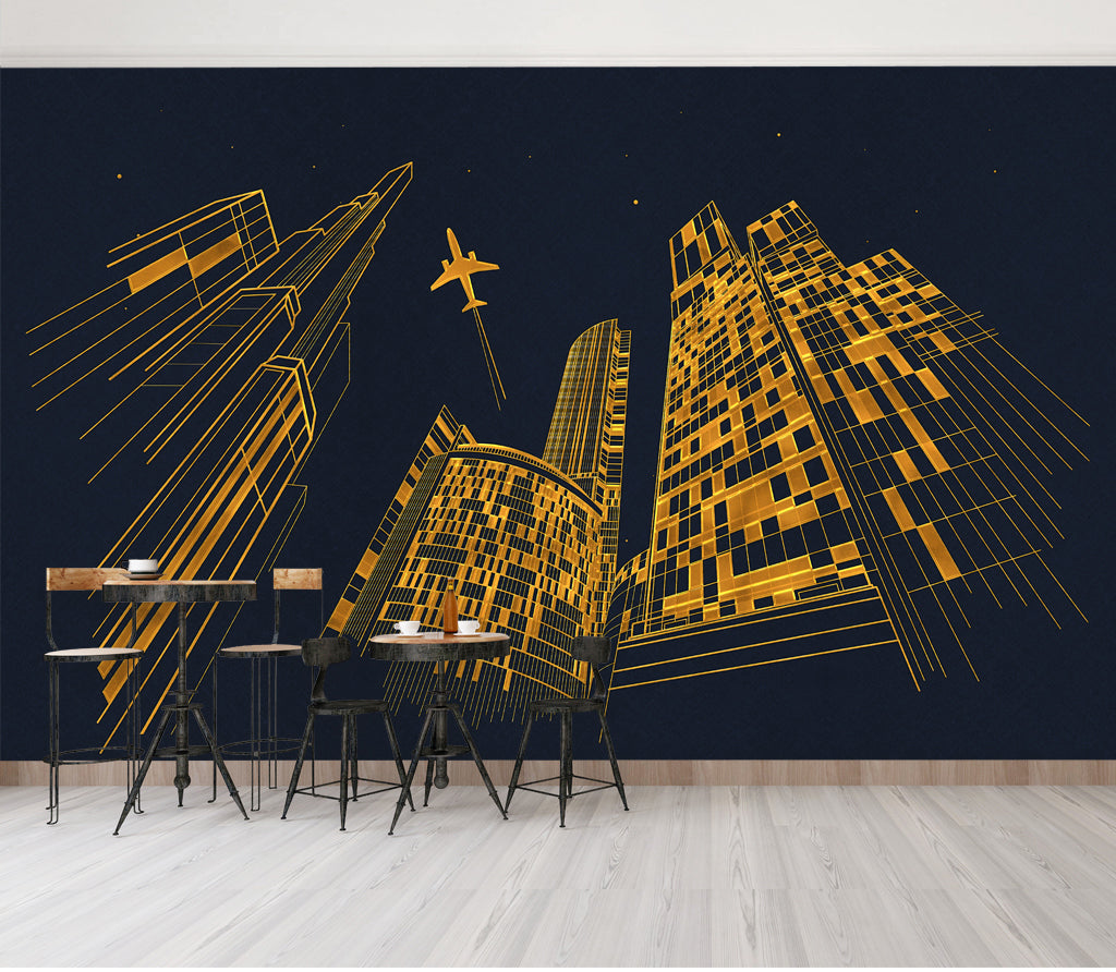 3D Golden Tall Building WC069 Wall Murals