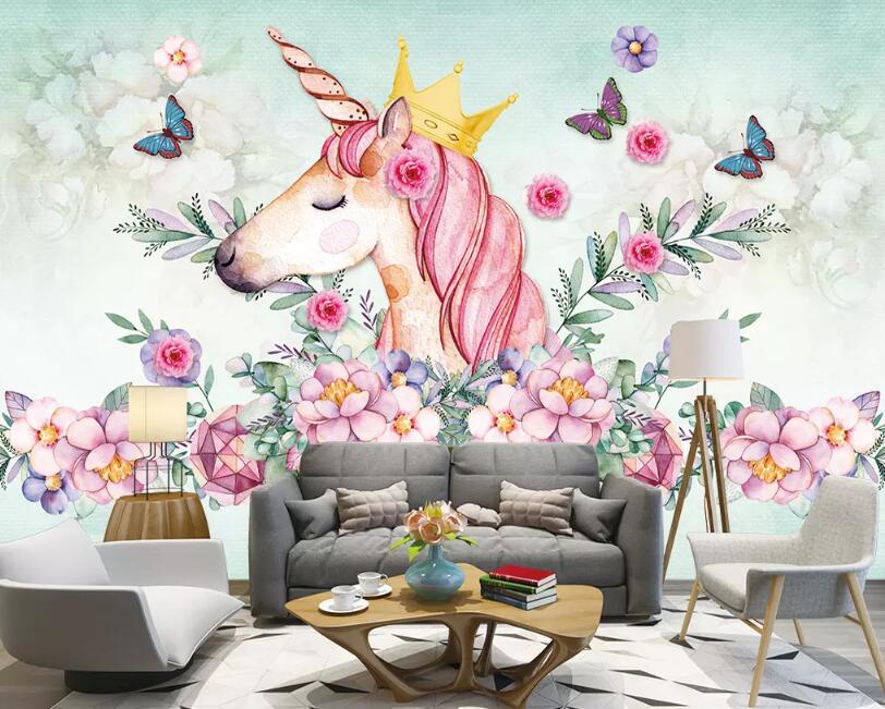 3D Unicorn Flower WG1129 Wall Murals