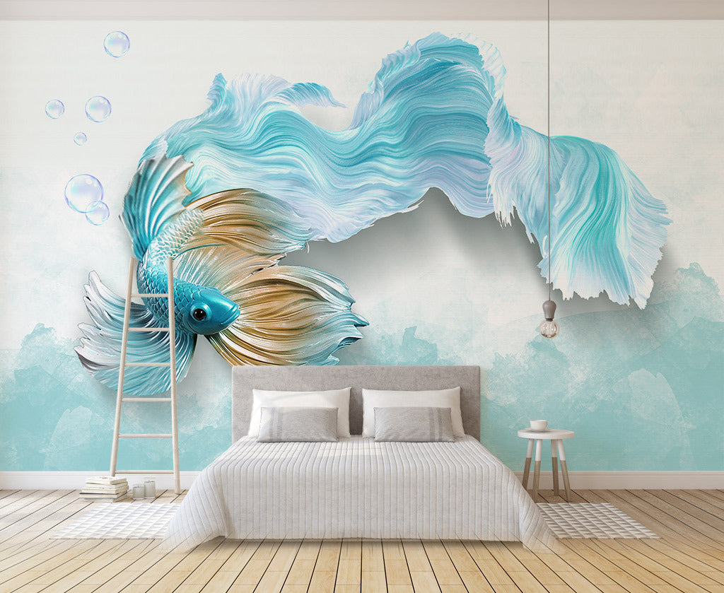 3D Blue Fish Bubble WG035 Wall Murals