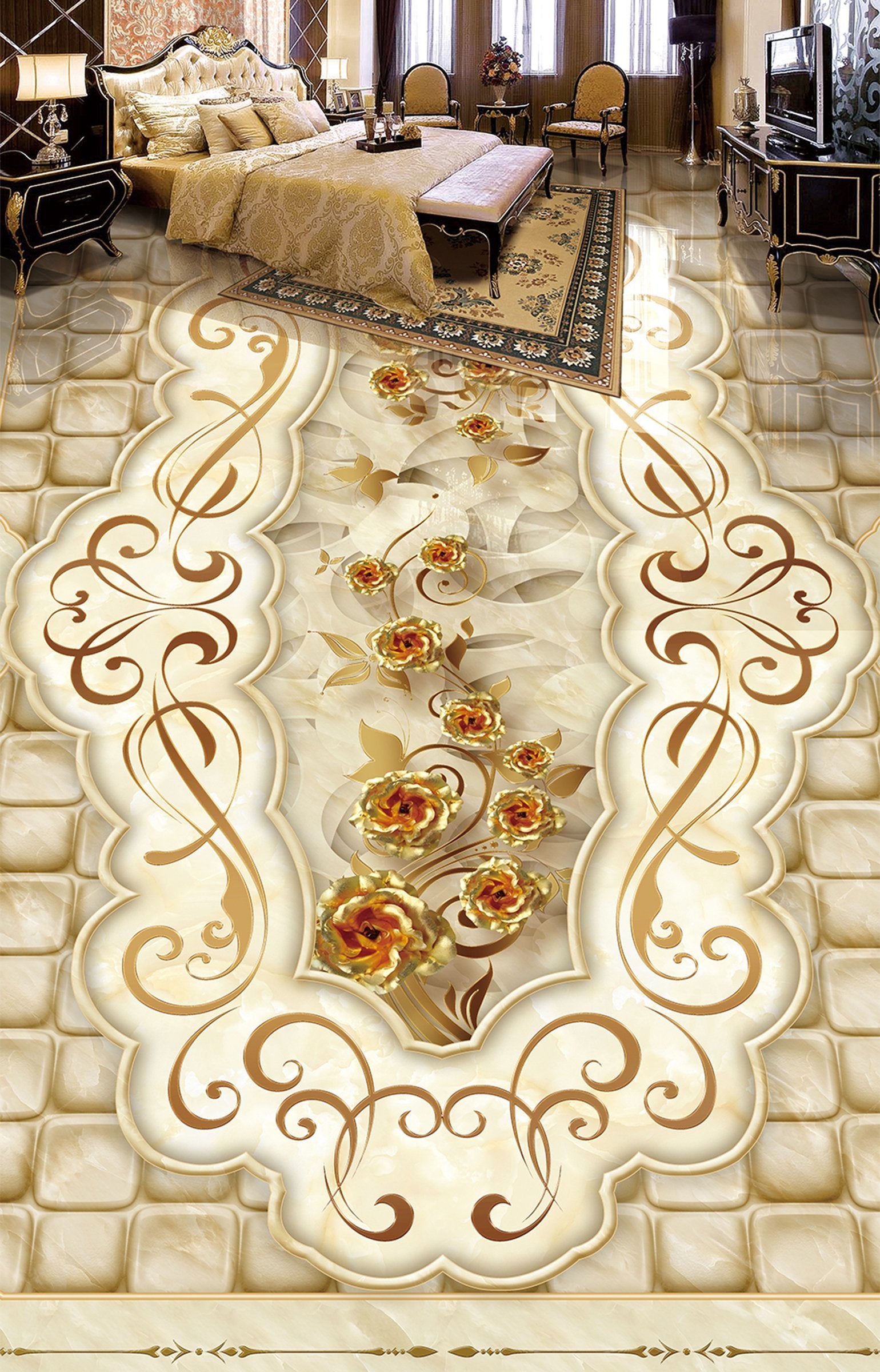 3D Golden Pattern WG068 Floor Mural Wallpaper AJ Wallpaper 2