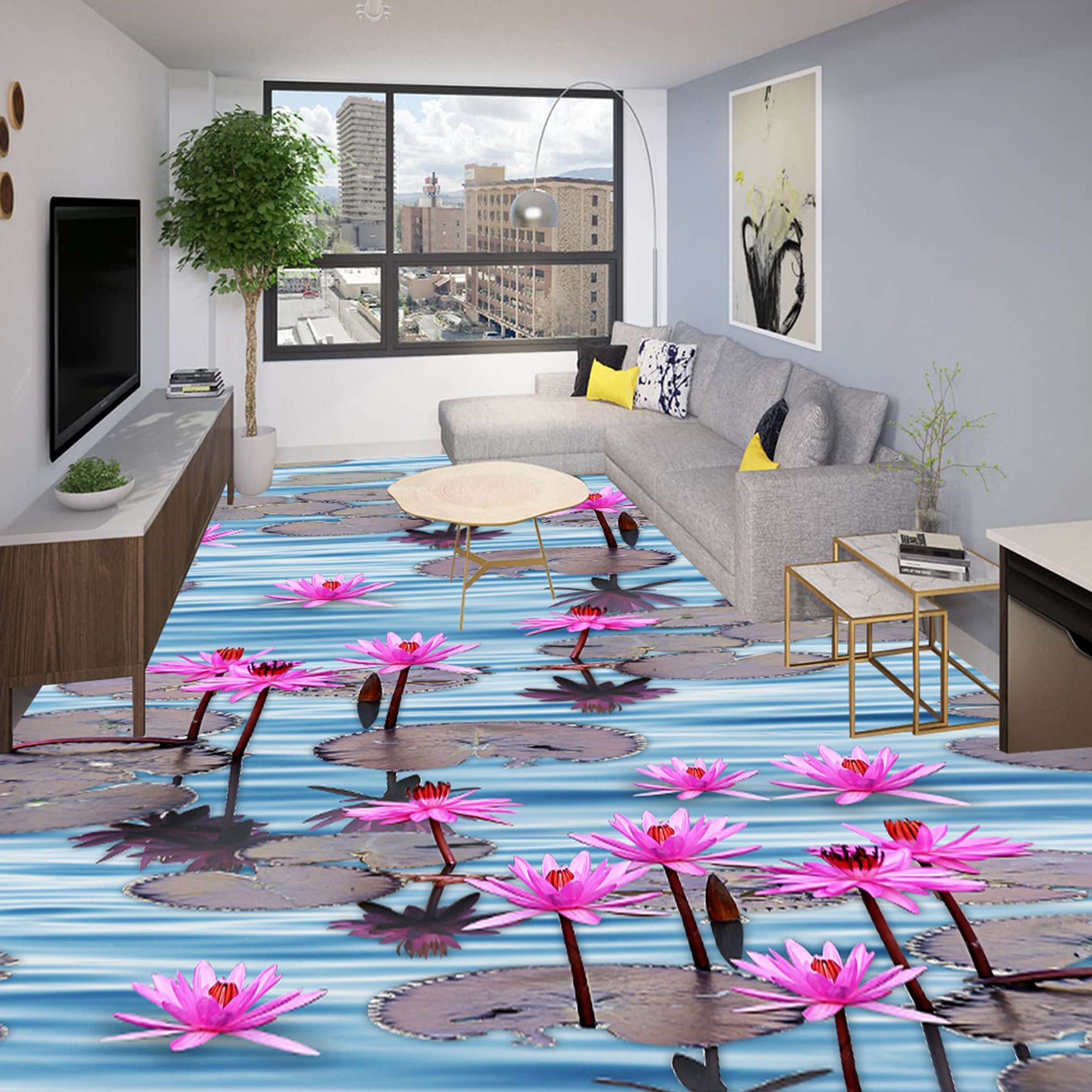 3D Purple Lotus WG336 Floor Mural Wallpaper AJ Wallpaper 2